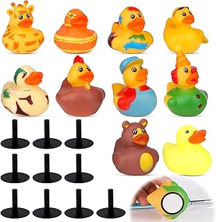 TOYMIS 10pcs Rubber Ducks and 10pcs Duck Plugs, Rubber Duck for Jeep Ducking Rubber Duck Mount Duck Plug Holder for Car Dashboard Display Bath Ducky Toys for Shower (Multicolor, Black)