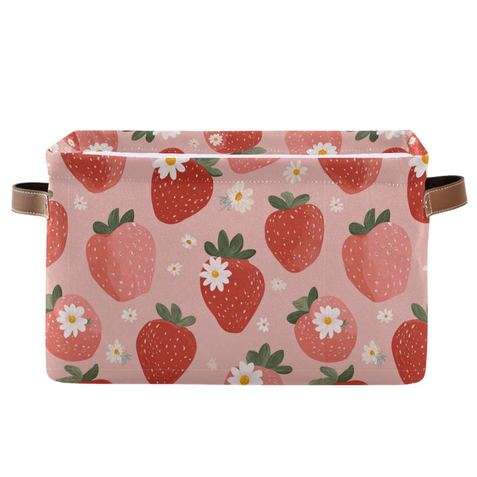 Aslsiy Storage Basket - Fresh Strawberry Pink Nursery Bins Baby Box Canvas Clothes Shelf Laundry Hamper Gift Basket for Home Closet - 1 Pcs