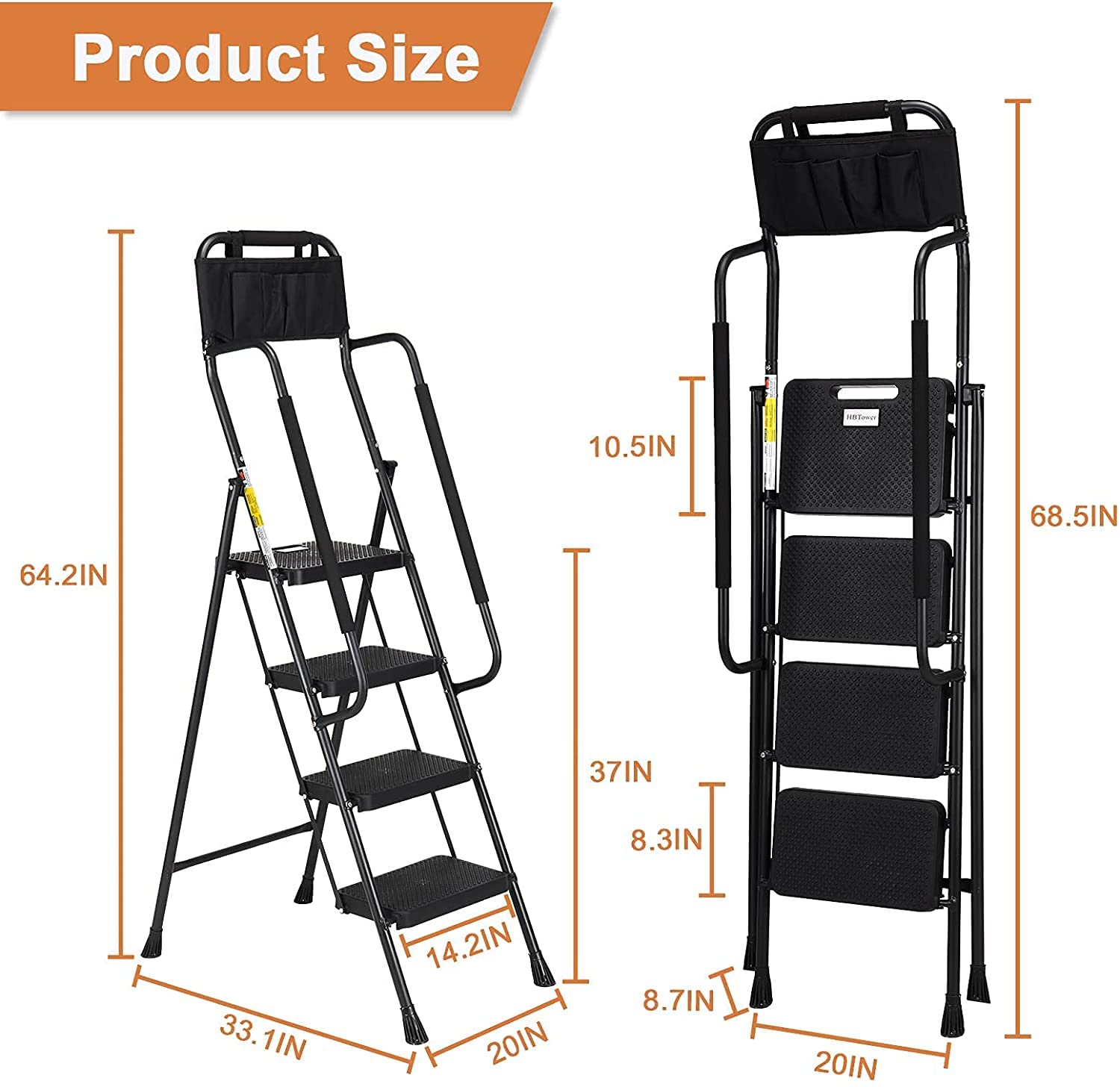 HBTower 4 Step Ladder with Handrails, Folding Step Stool with ...