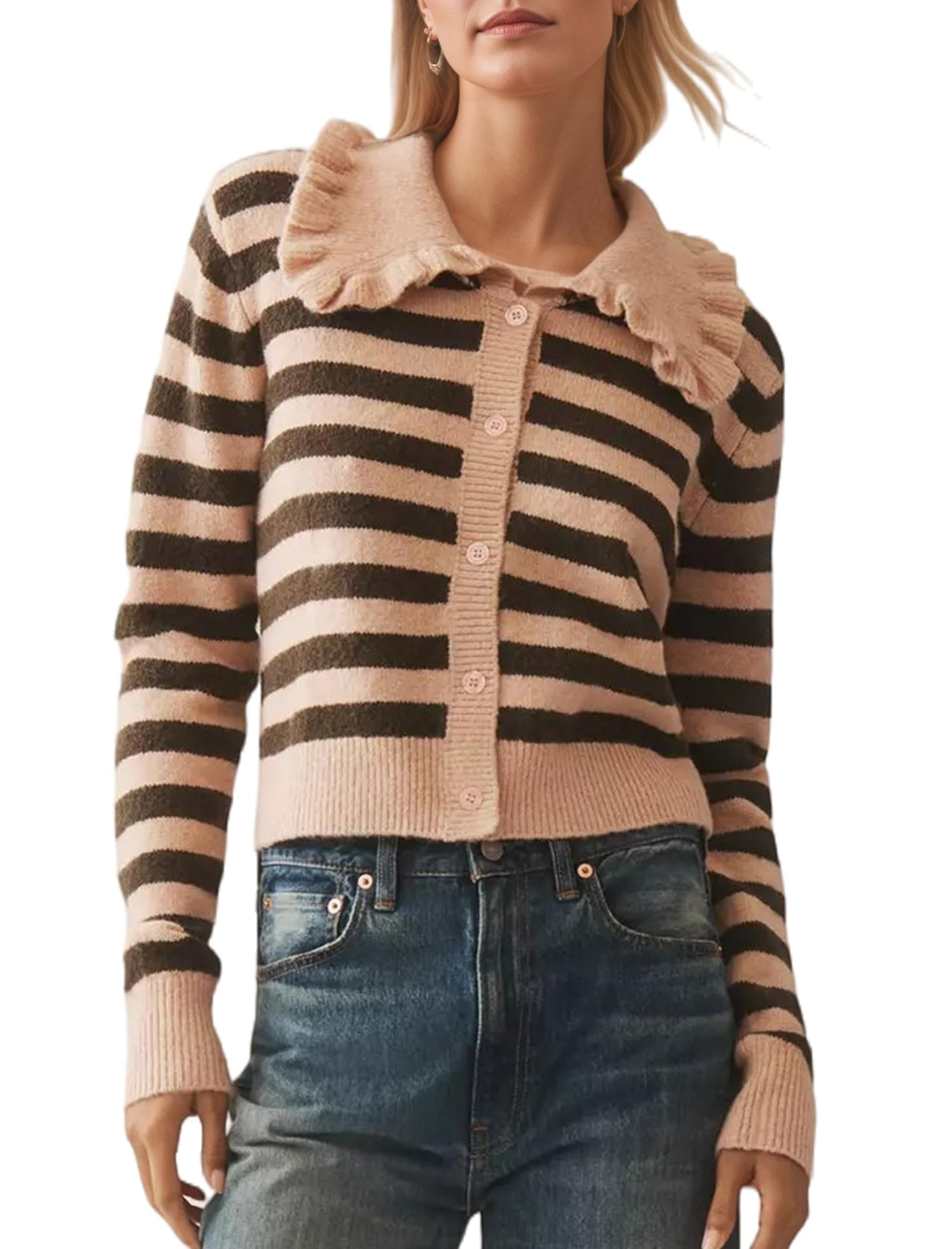 Womens Ruffle Peter Pan Collar Crop Cardigan Stripe Color Block Button Down Open Front Knit Sweater Jacket Tops