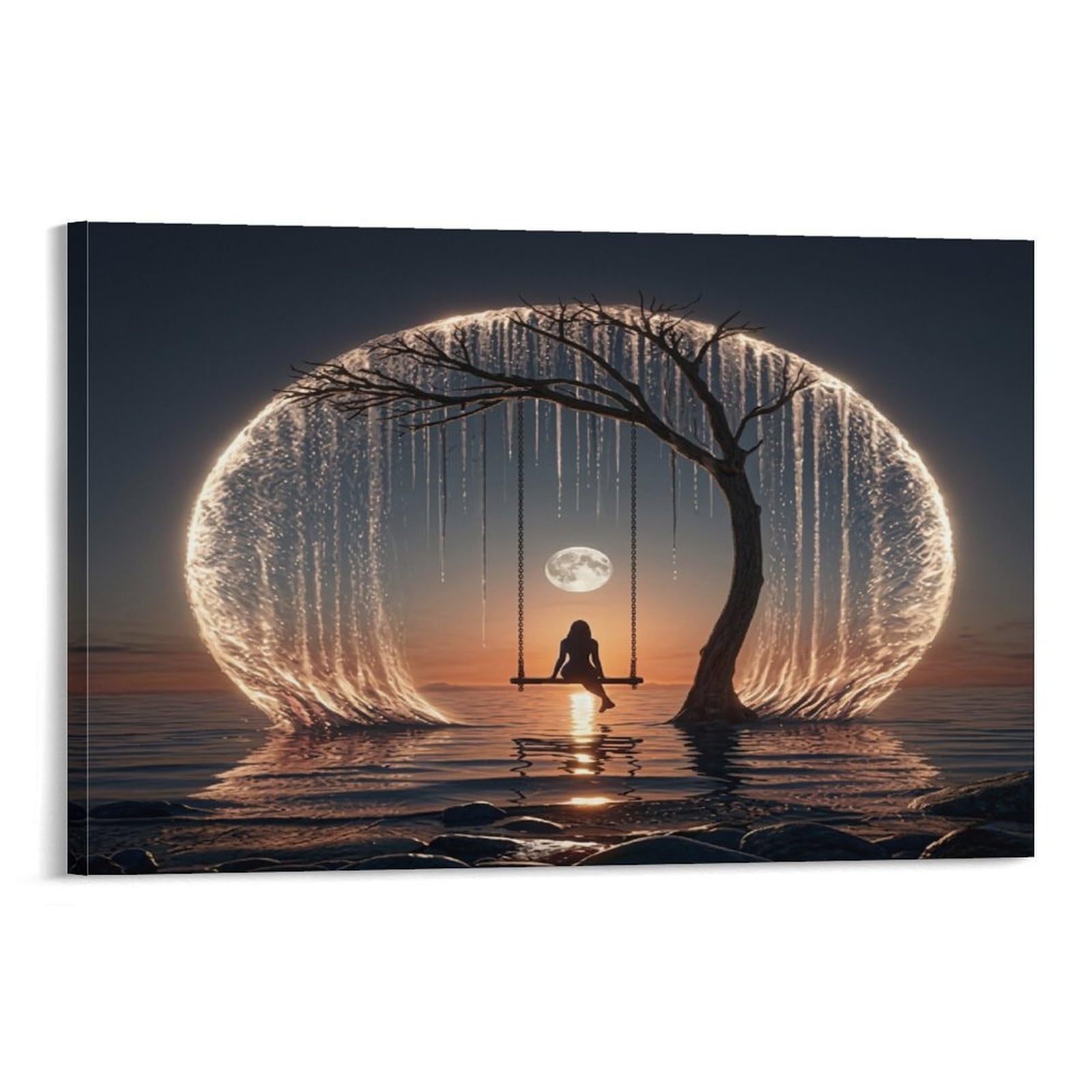XPASHIQWC Moonlit Water Ring Swing Wall Decor Poster Canvas Prints Picture Modern Wall Art Picture Wall Hanging for Home Decorations 20x30inch(50x75cm)