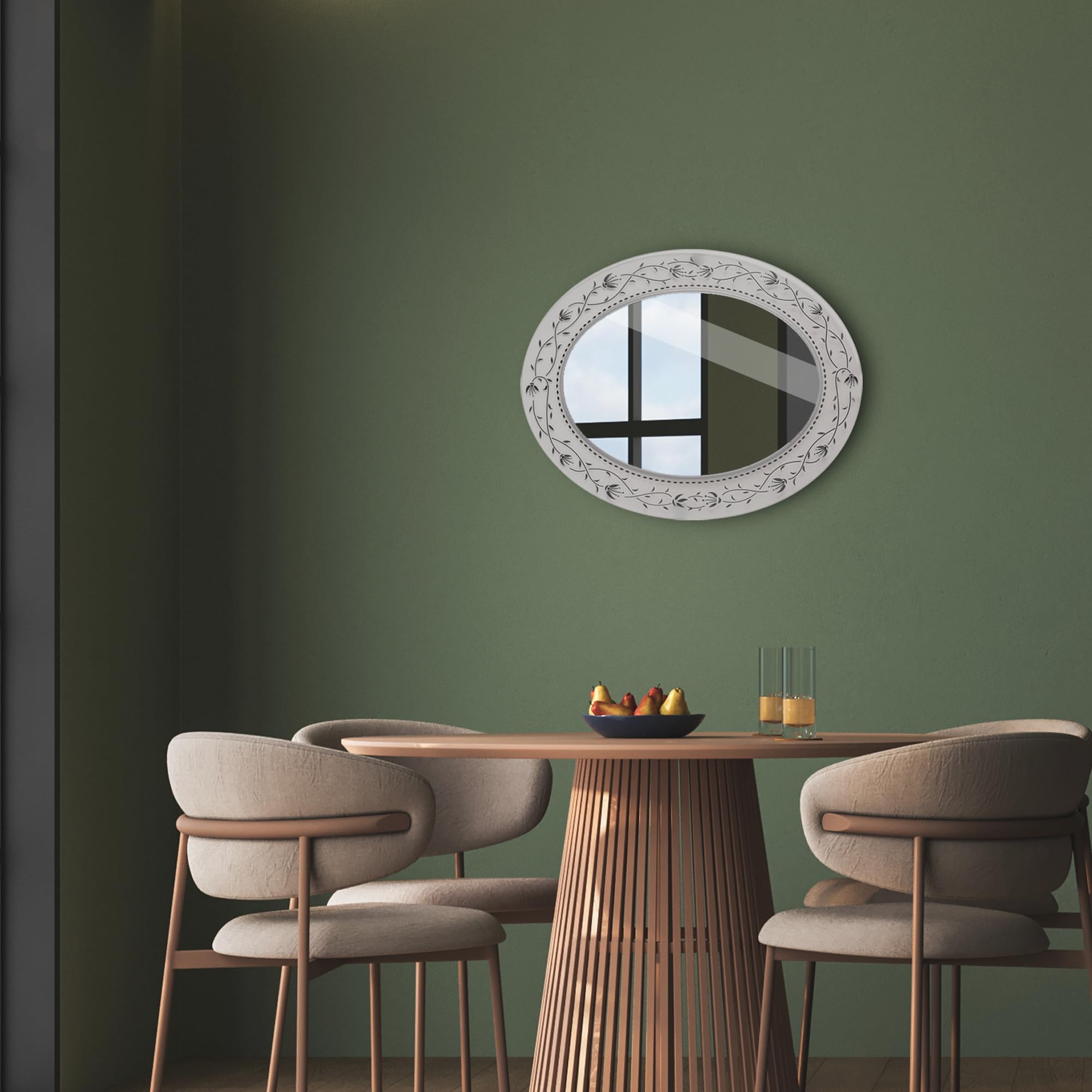 Head West 23"x29" Frosted White Etched Glass Vanity Mirror for Bathroom Wall, Printed Mosaic Accent Oval Vanity Bathroom Mirror for Over Sink, Bedroom, & Living Room