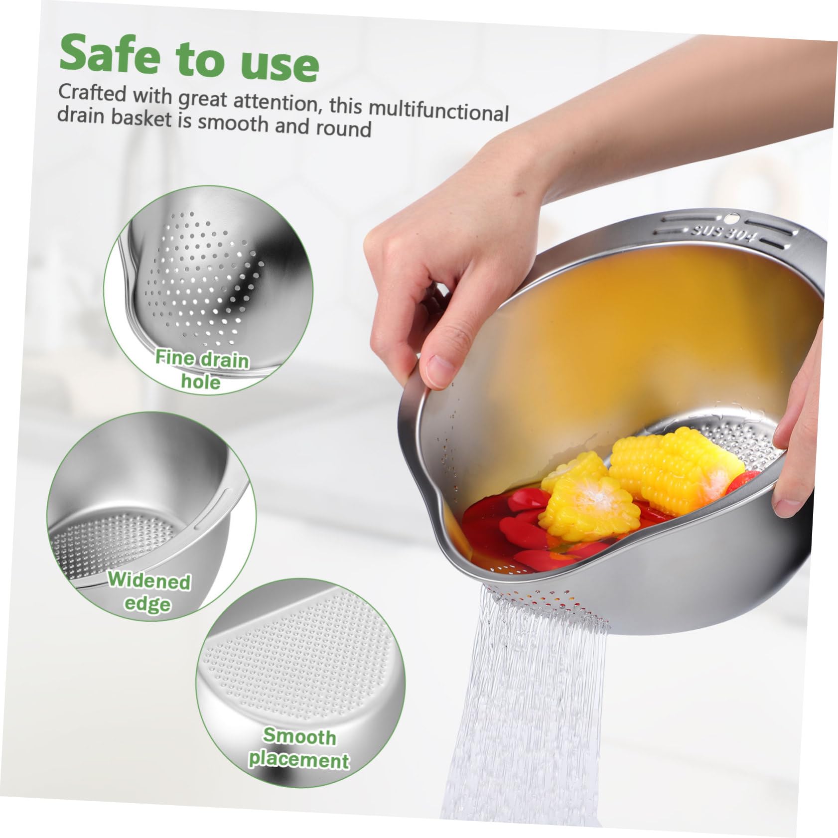 TEHAUX Cuenco de Acero Inoxidable para Lavar Arroz y Verduras Colador Multifuncional de Gran Capacidad Escurridor Resistente y Compacto para Cocina