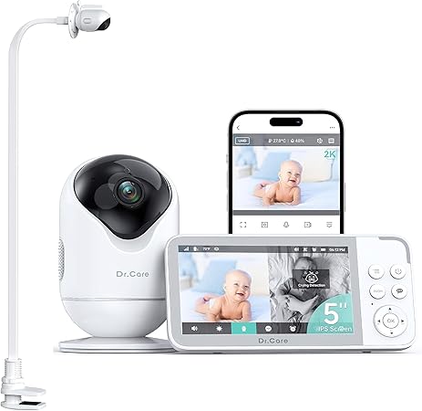 Dr.Care VistaView 5” Smart WiFi Baby Monitor with Clip Mount - 2K HD Camera, App Control, Cry & Motion Alerts, Night Vision, 5000mAh Battery, 2-Way Talk, Multi-User, Triple Security