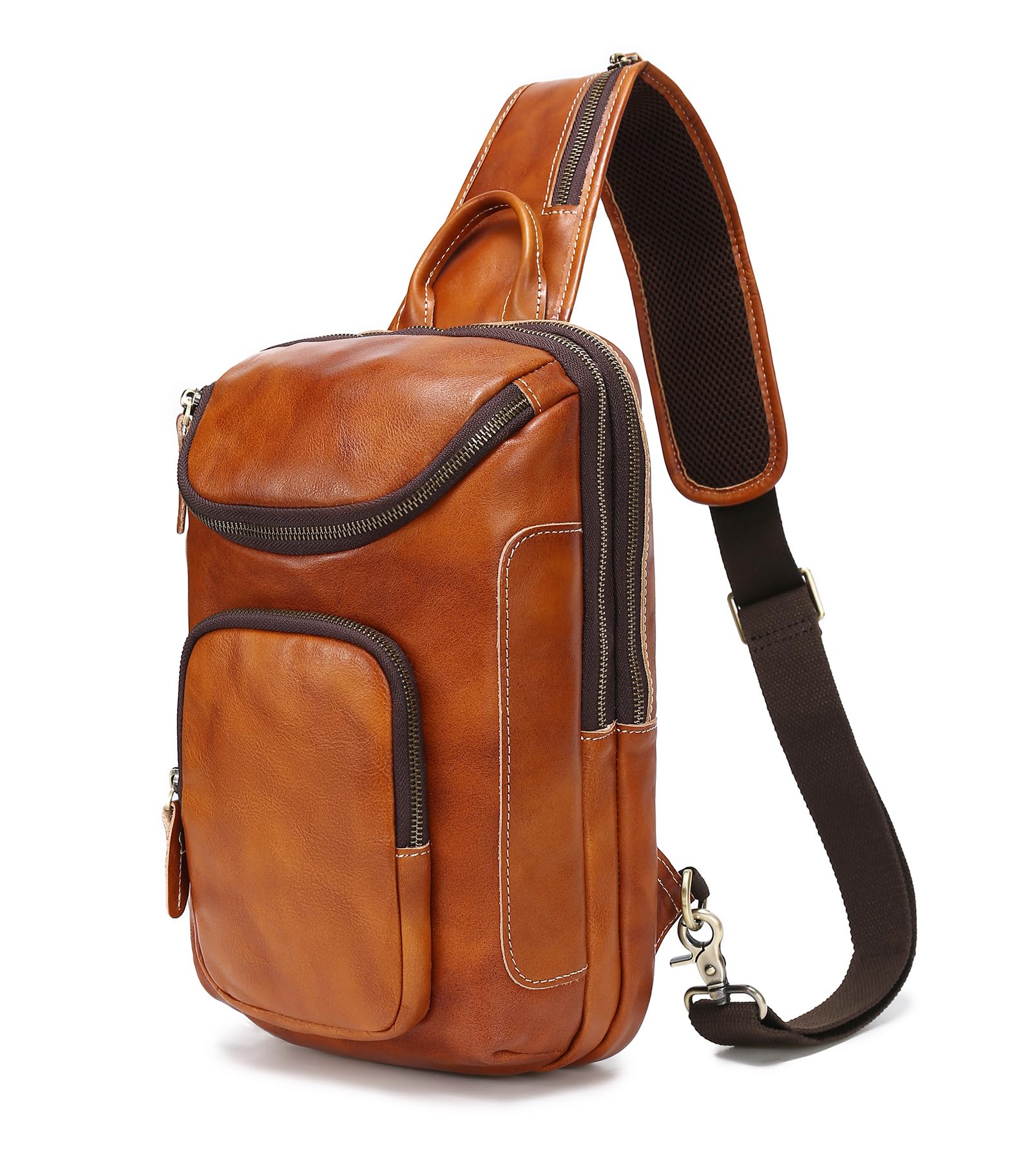 LANNSYNE Vintage Vollnarbenleder Sling Bag Crossbody Chest Daypack, gelb, Leather Sling Bag Fits 10.5" iPad, Leder-Tragetasche für 26,7 cm (10,5 Zoll) iPad