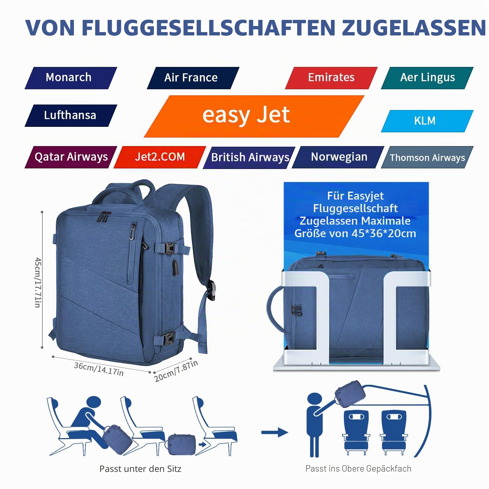 Handgepäck Reiserucksack 45x36x20 für Easyjet, Rucksack Travel Backpack Wasserdichter Tagesrucksack Schultasche Wanderrucksack (Blau)