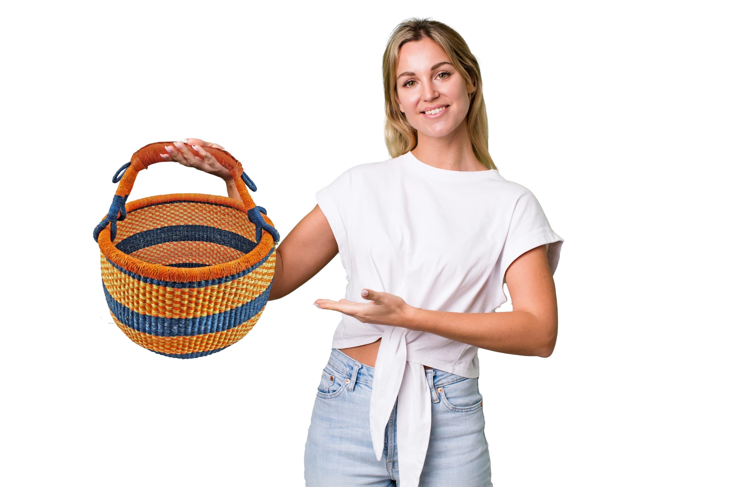 Grand panier rond Bolga original du Ghana en Afrique avec poignée en cuir issu du commerce équitable - Environ 35-40 cm