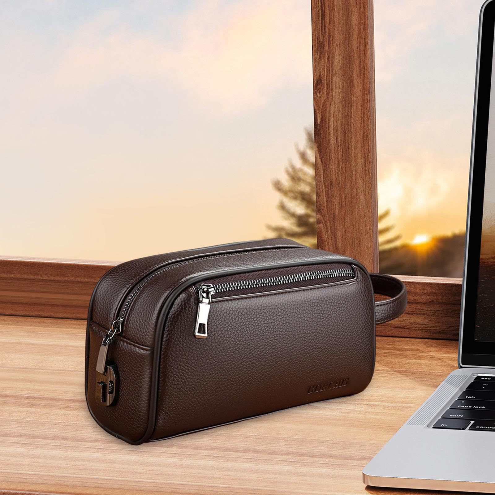 Borsa da polso per uomo Borsa con cerniera Borsa in pelle PU multi tasche Pochette da uomo casual, Marrone con serratura