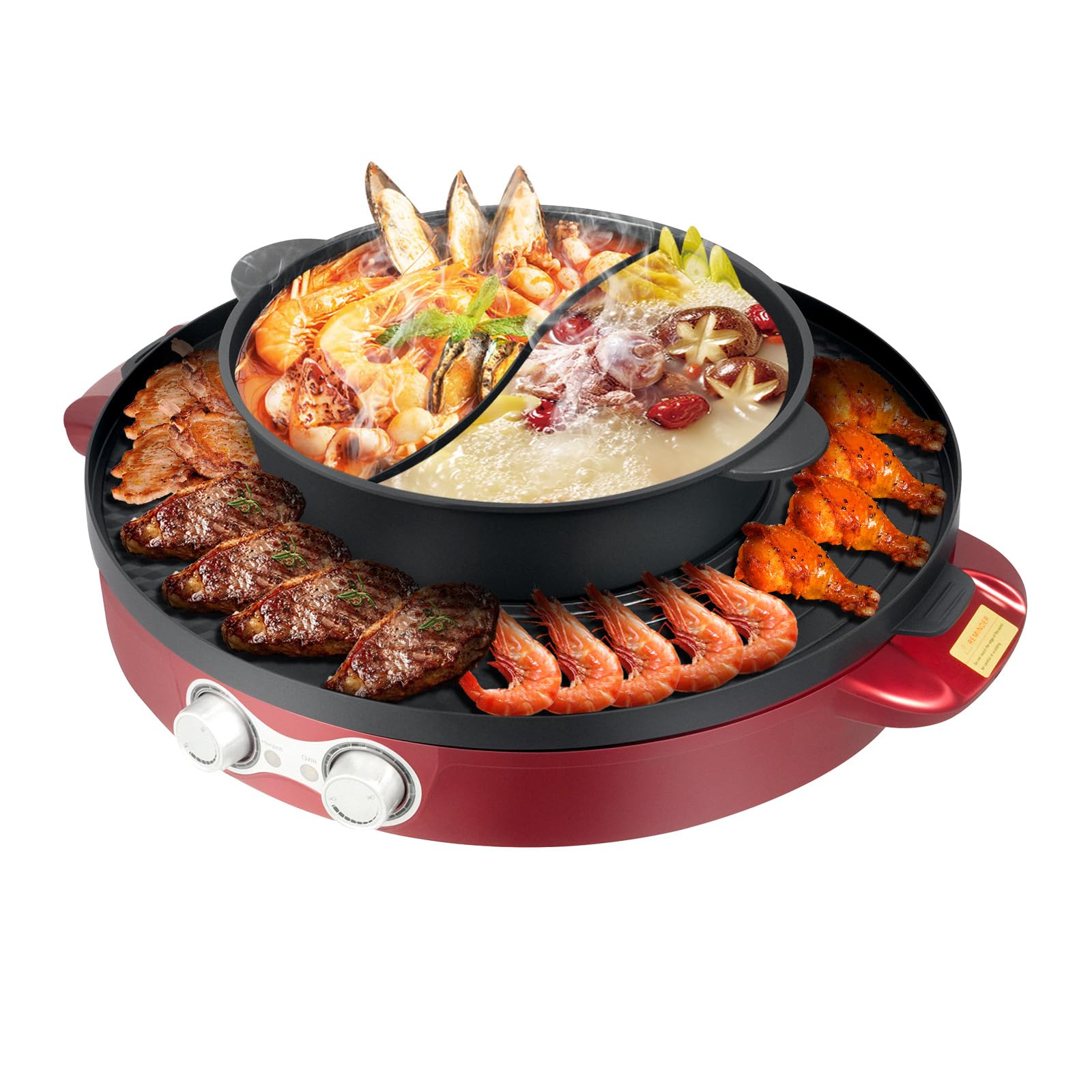 2200W Hot Pot Elektrischer, 2 in 1 Hotpot und Tischgrill für 5-6 Personen Electric Hot Pot Indoor Korean BBQ Grill Thai Barbecue Fondue Raclette für Restaurant, Hotpot-Resta (2200W)