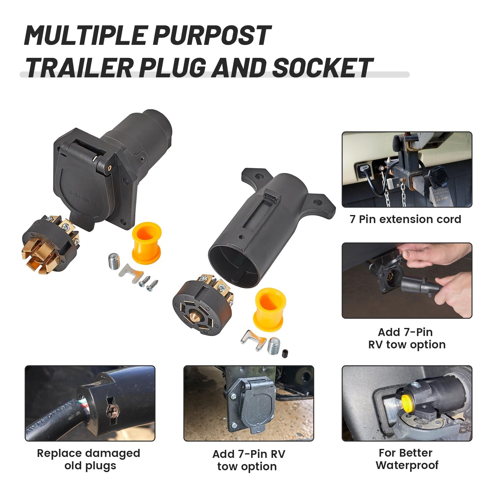 7 Pin RV Trailer Socket – Vehicle Side Female 7-Way Blade Replacement Plug For Towing, Waterproof, Copper Terminals For Ford, Ram, Chevy & More