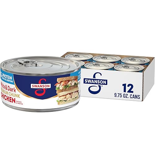 Swanson White and Dark Premium Chunk Pechuga de pollo enlatada en agua, pollo completamente cocido, lata de 9.75 onzas (caja de 12)