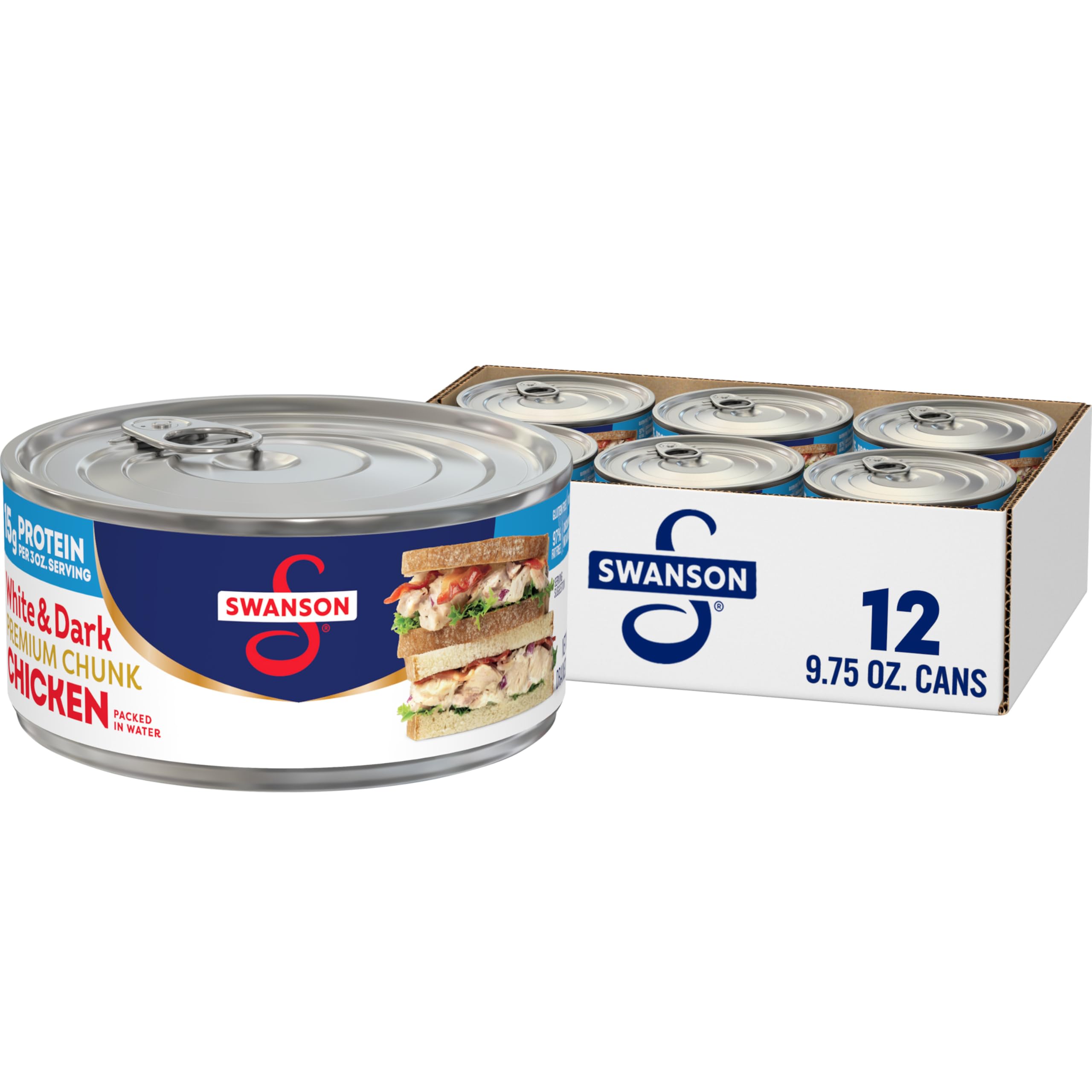Swanson White and Dark Premium Chunk Canned Chicken Breast in Water, 9.75 OZ Can (Case of 12) White & Dark Premium Chunk Chicken 9.75 Ounce (Pack of 12)