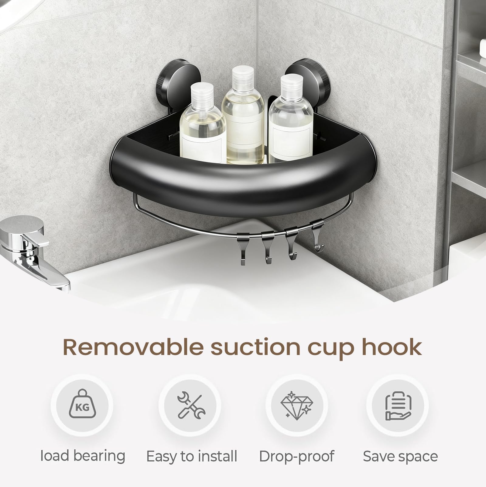 Eck-Duschregale – Saugnapf-Aufbewahrungsregal mit Haken für Badezimmer, Küche und Dusche – ideal für Handtuch, Shampoo, Duschgel und Toilettenartikel