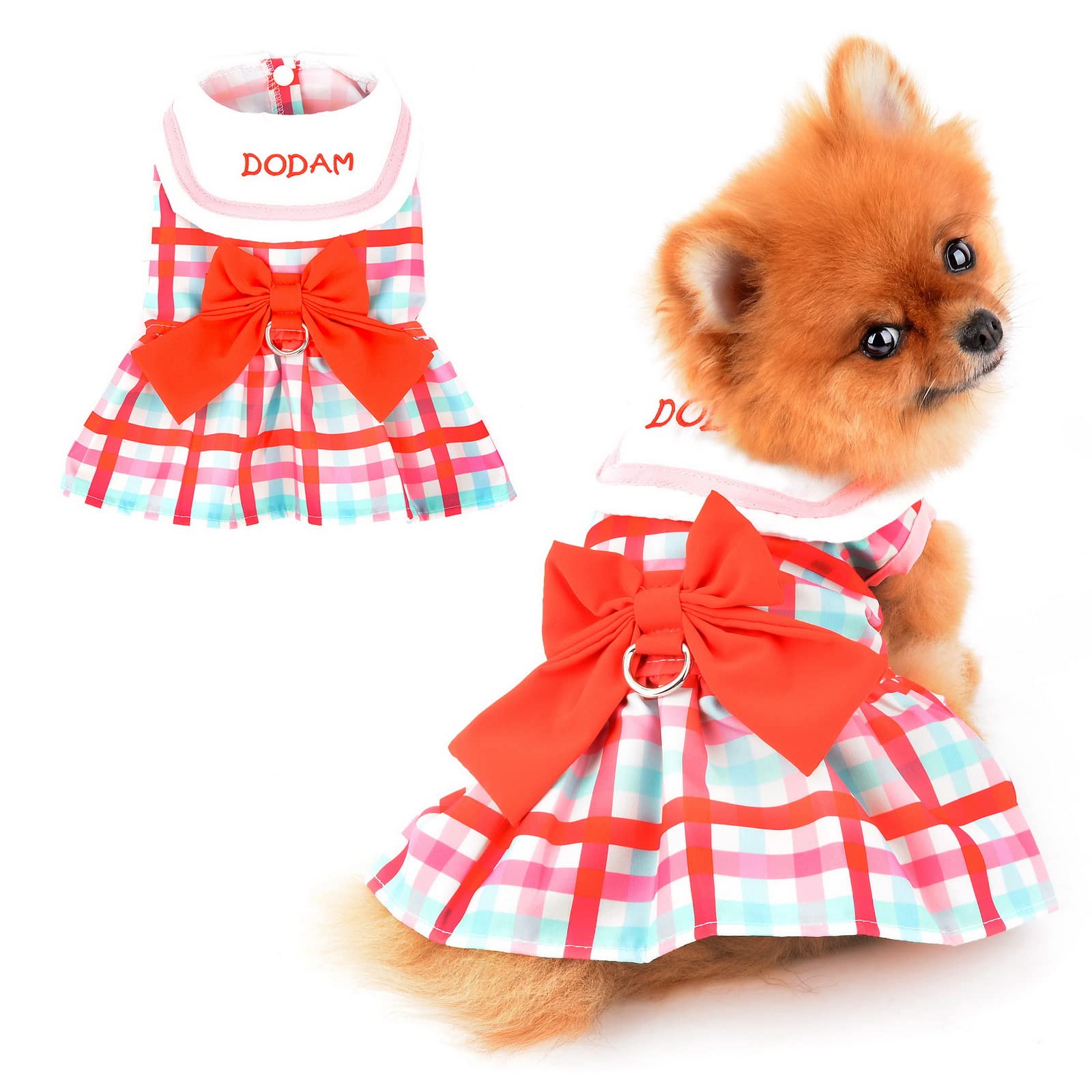 PAIDEFUL Small Girls Dog Cat Dress Cute Plaid Bow Spring Summer Soft Comfortable Puppy Clothes Button Sleeveless Princess Kitten Apparel D-ring Birthday Party, Red, XS