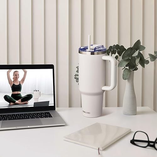 Miniatura 6 de Vaso de 40 onzas con asa y tapa con pajilla, tapa 2 en 1 (con pajilla  abatible), vaso de viaje de acero inoxidable con aislamiento al vacío para