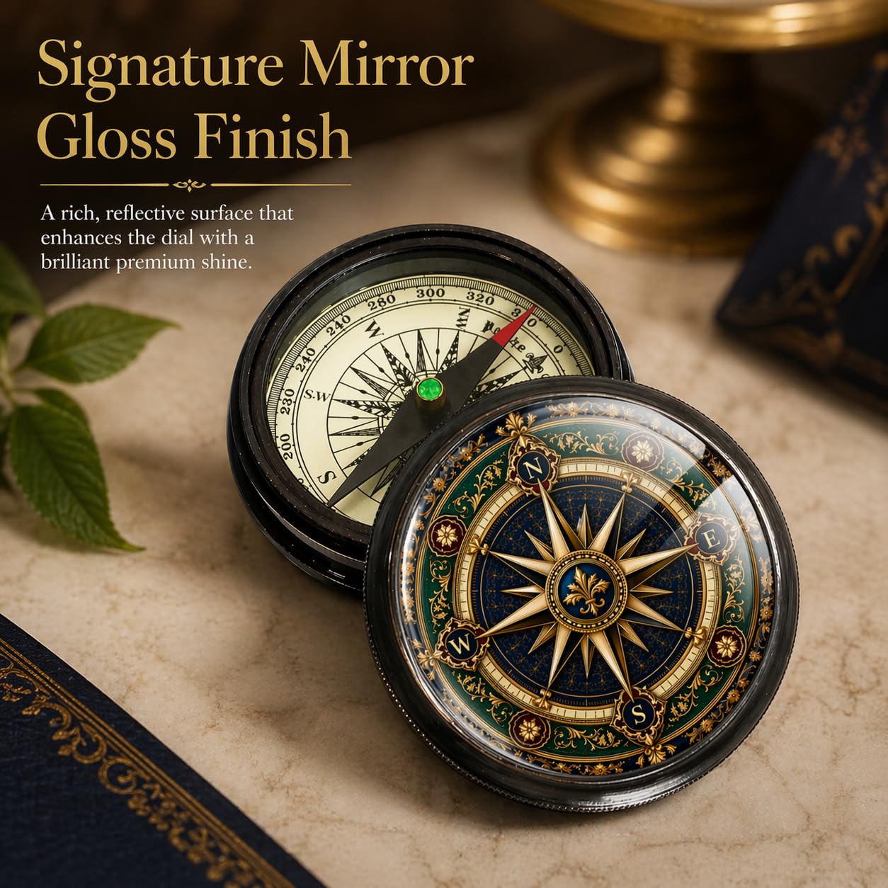 M.A & SONS Personalized Brass Compass with Leather Case, 2 Inch Black Antique Pocket Compass, Custom Engraving Inside Lid, Mirror Gloss Top Dial, Vintage Nautical Gift for Men 1