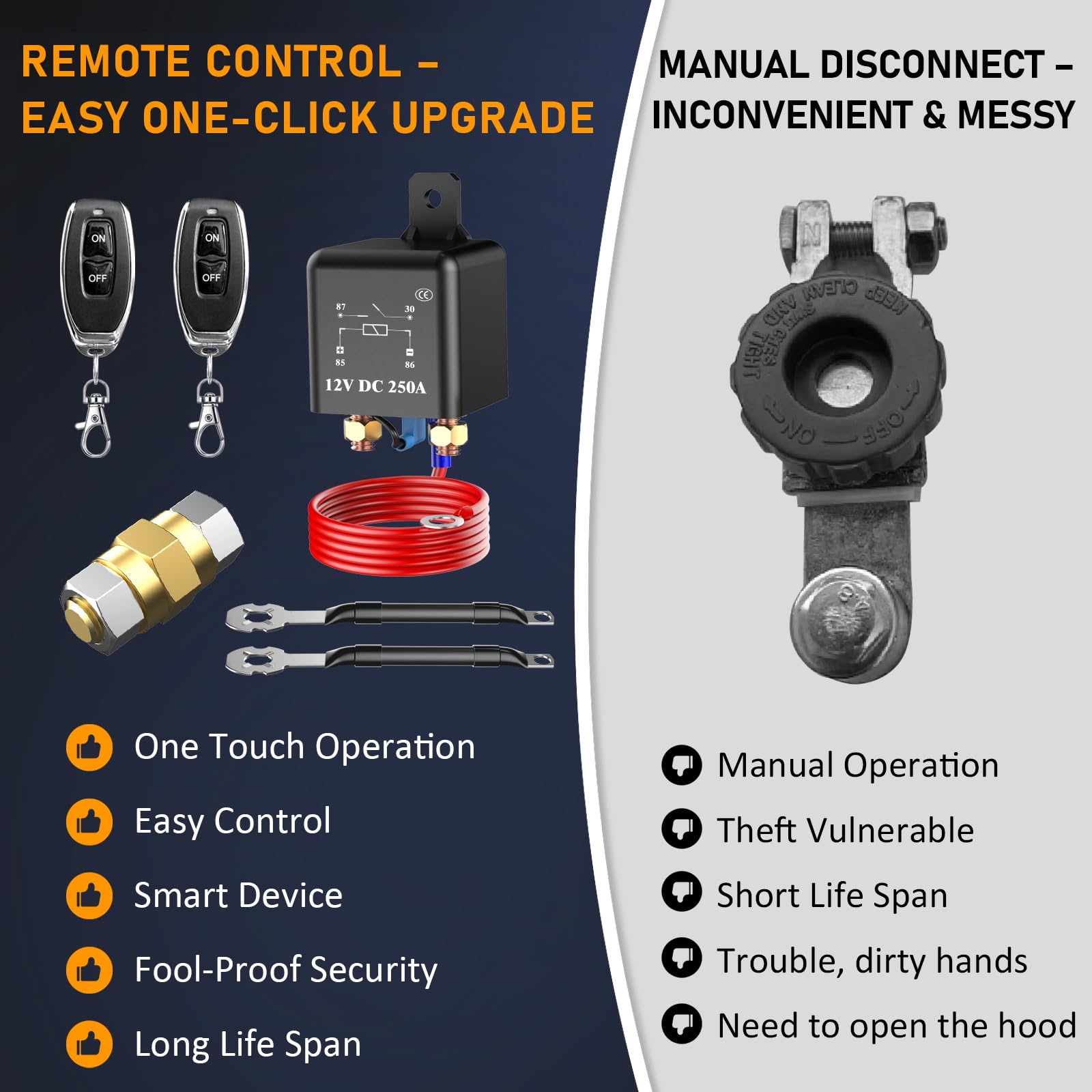 Side Post Remote Battery Disconnect Switch - 12V 250A Kill Switch with Remote Control. Anti-Theft Security & Prevents Battery Drain. Easy to Install for Car, Truck, RV, Boat, Vehicle & More. — view 3