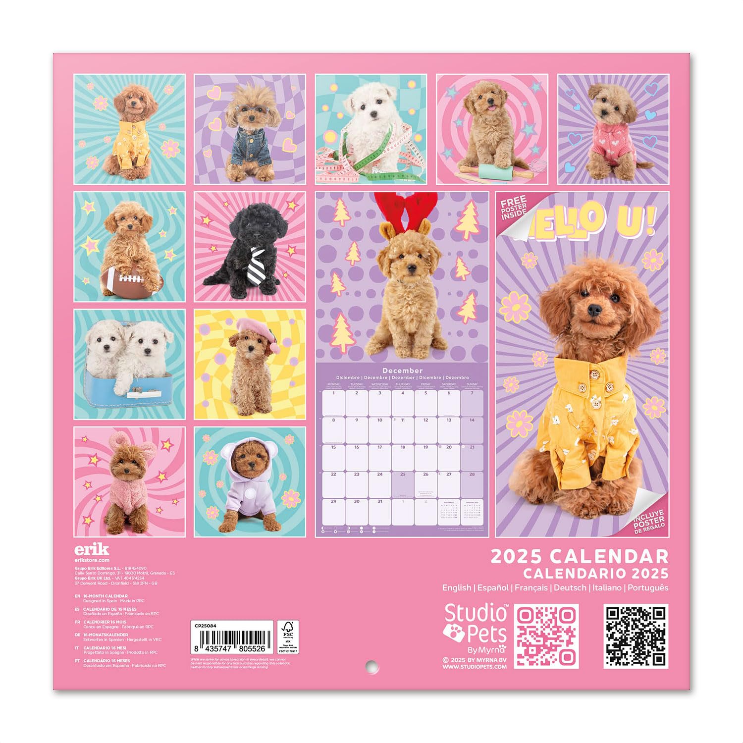 Calendrier Mural 2026 Chiens Grupo Erik - 30x60 Cm Mensuel Janvier à Décembre