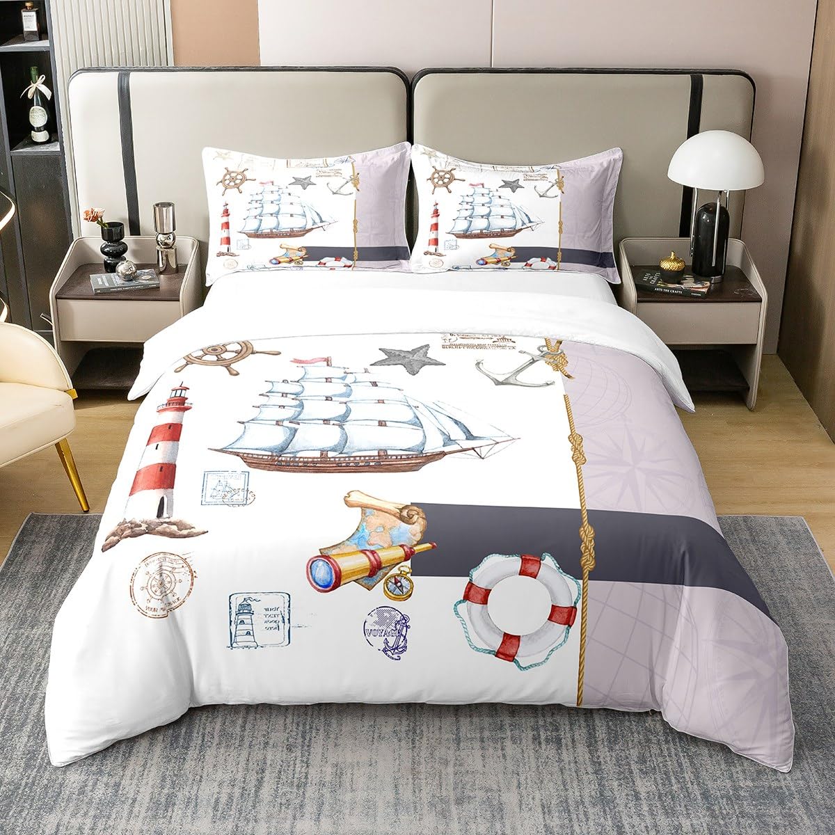 Housse de couette 220x240cm coton parure de lit enfant marin garçon fille voilier phare