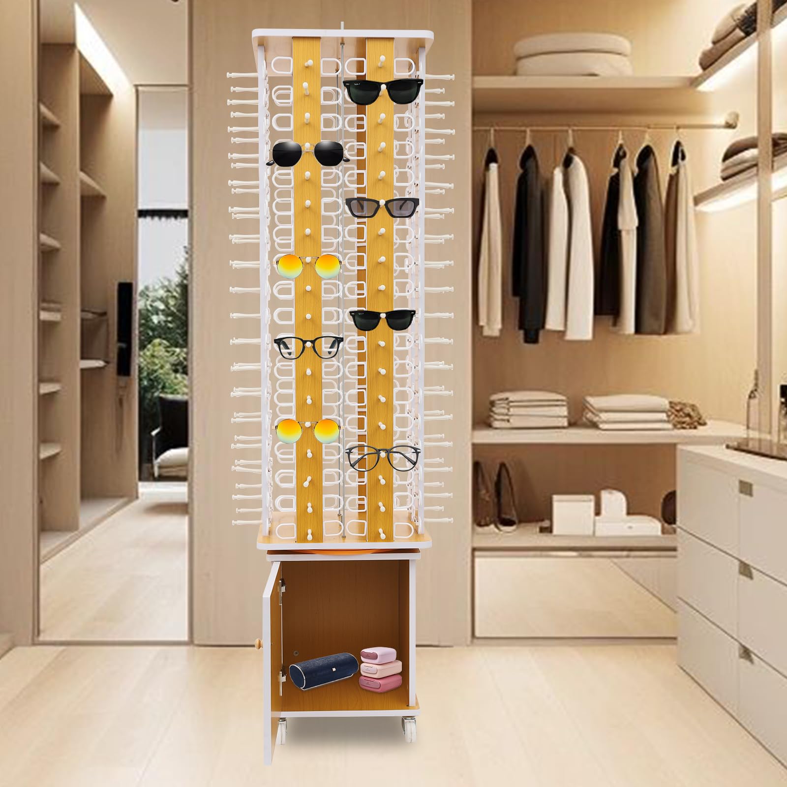 Soporte de exhibición para gafas de sol, estante giratorio de almacenamiento para 144 pares, soporte para gafas de pie con gabinete de almacenamiento, solución de exhibición comercial