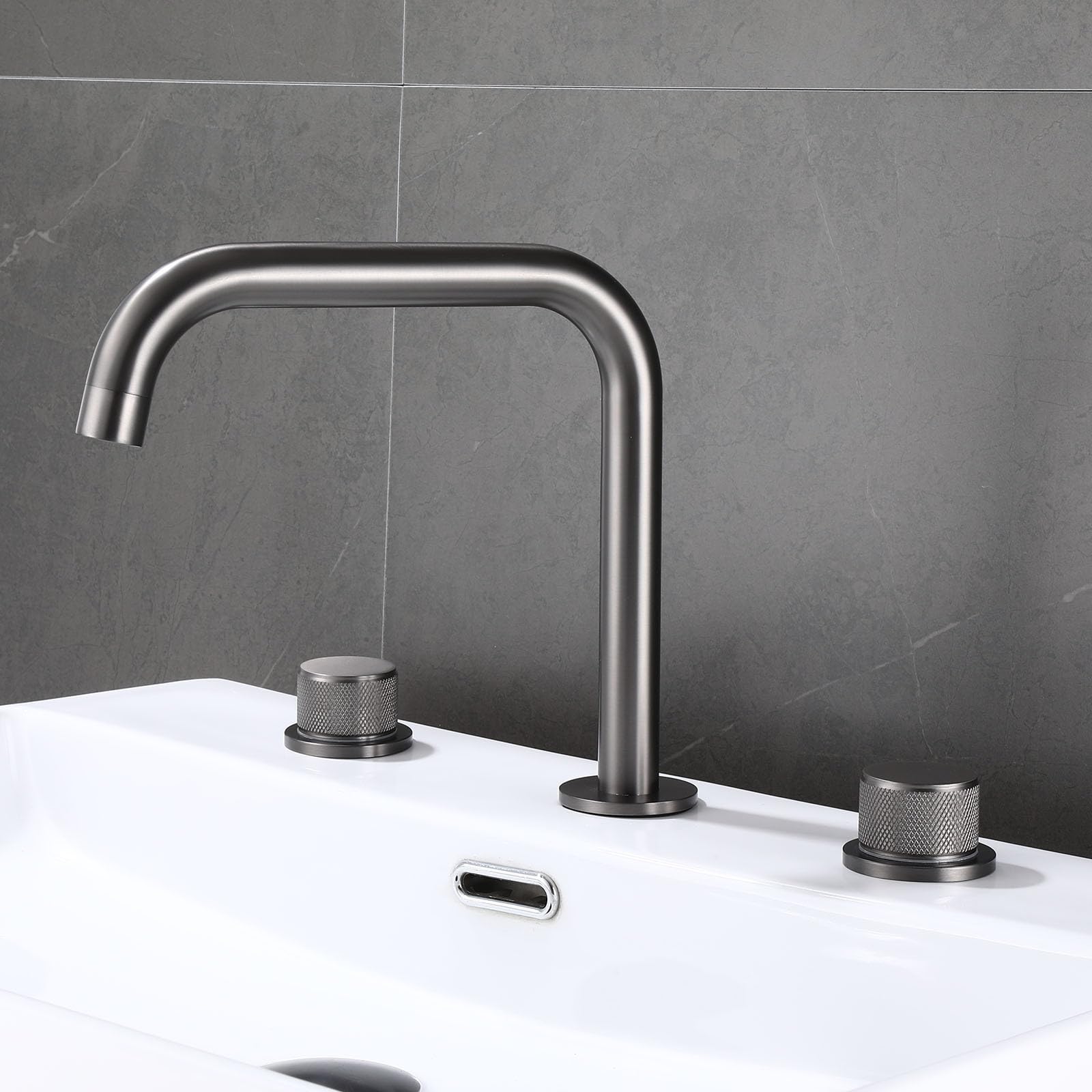ZYCHSJXA 3 Hole Basin Sink Taps Bathroom Mixer Twin Handle Grey Faucet, 360 Swivel Adjustable Tap