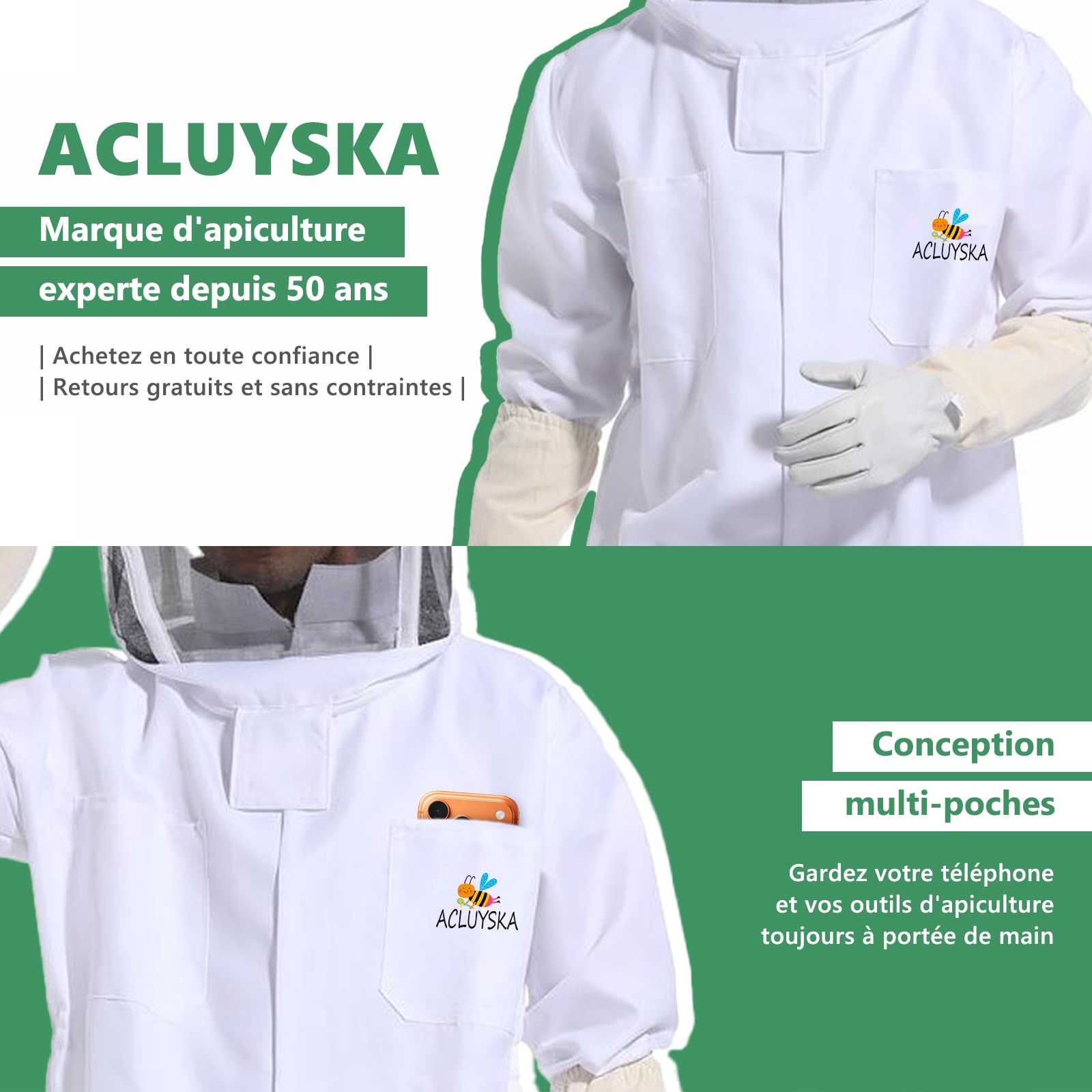 Combinaison Apiculteur Homme Femme Anti Guêpes, Tenue Apicole Polycoton Anti-Piqûres avec Gants Apiculture et Capuche Ventilée Combinaison Apiculture Complète Anti Guêpes(S)