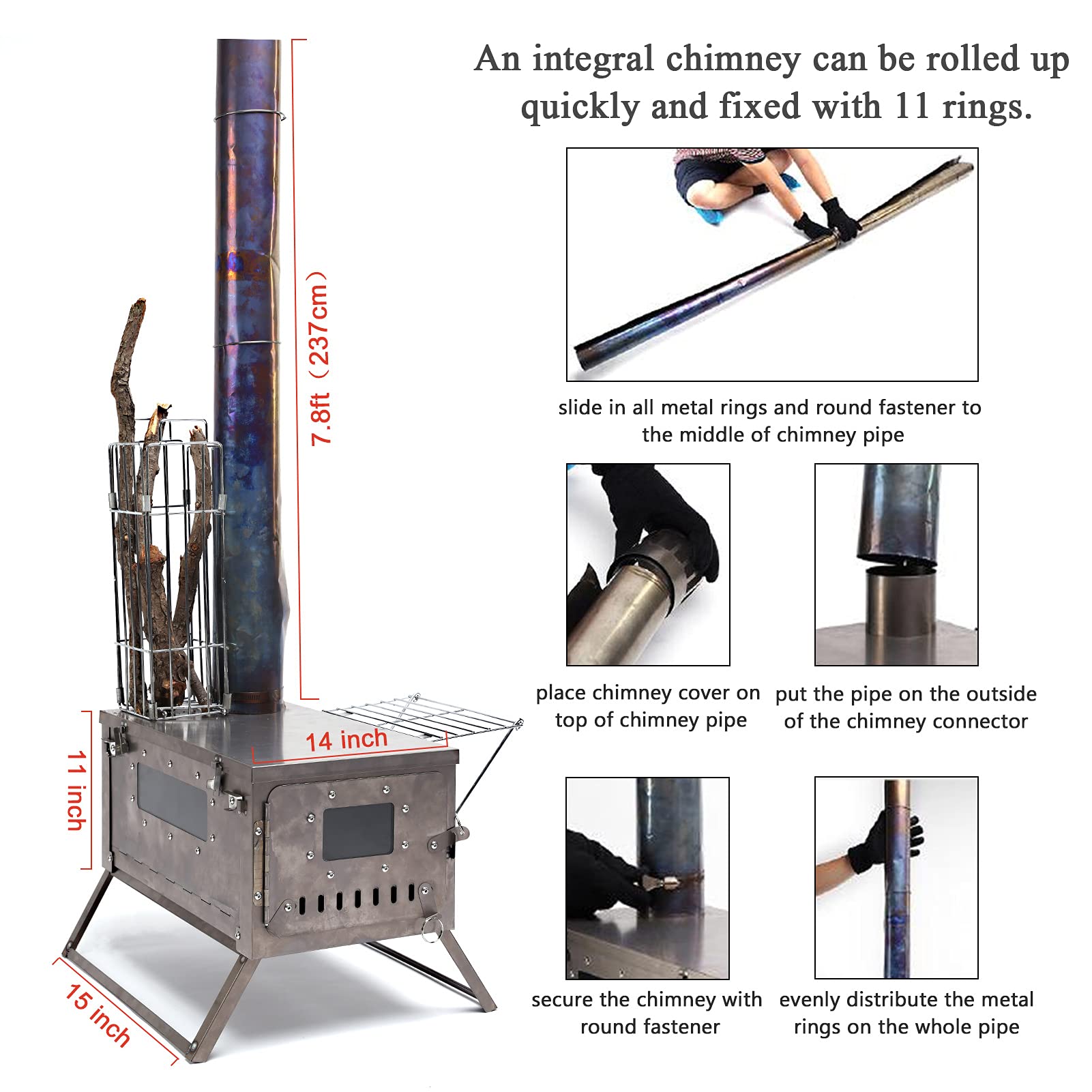 Tent Stove Camping Wood Burning Stove with Chimney Damper, 2 Glass,Side