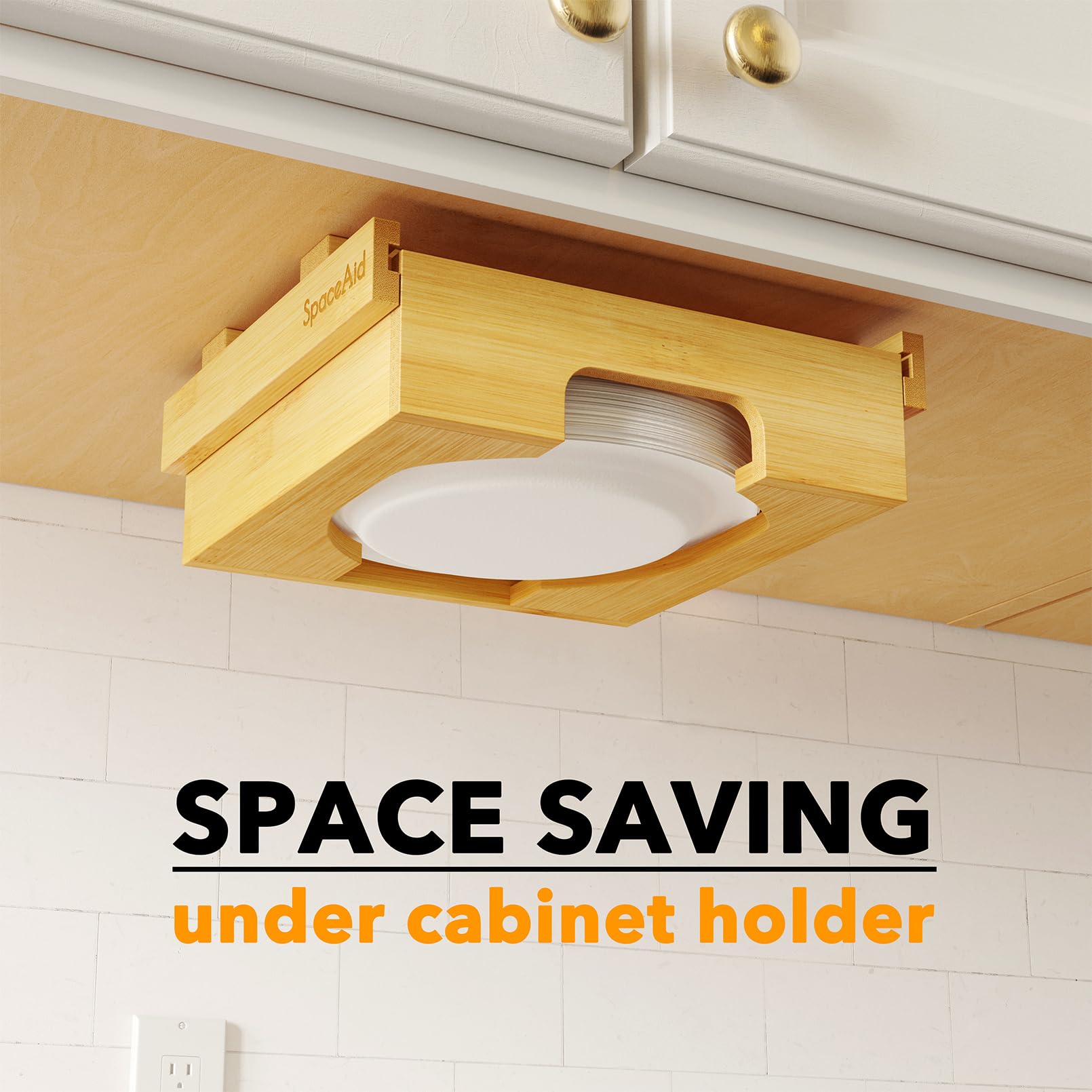 SpaceAid Dispensador de platos de papel de 8.5 pulgadas, soporte de platos de bambú debajo del gabinete, soporte vertical para platos de cocina para encimera de encimera (para platos de 8.5 pulgadas,