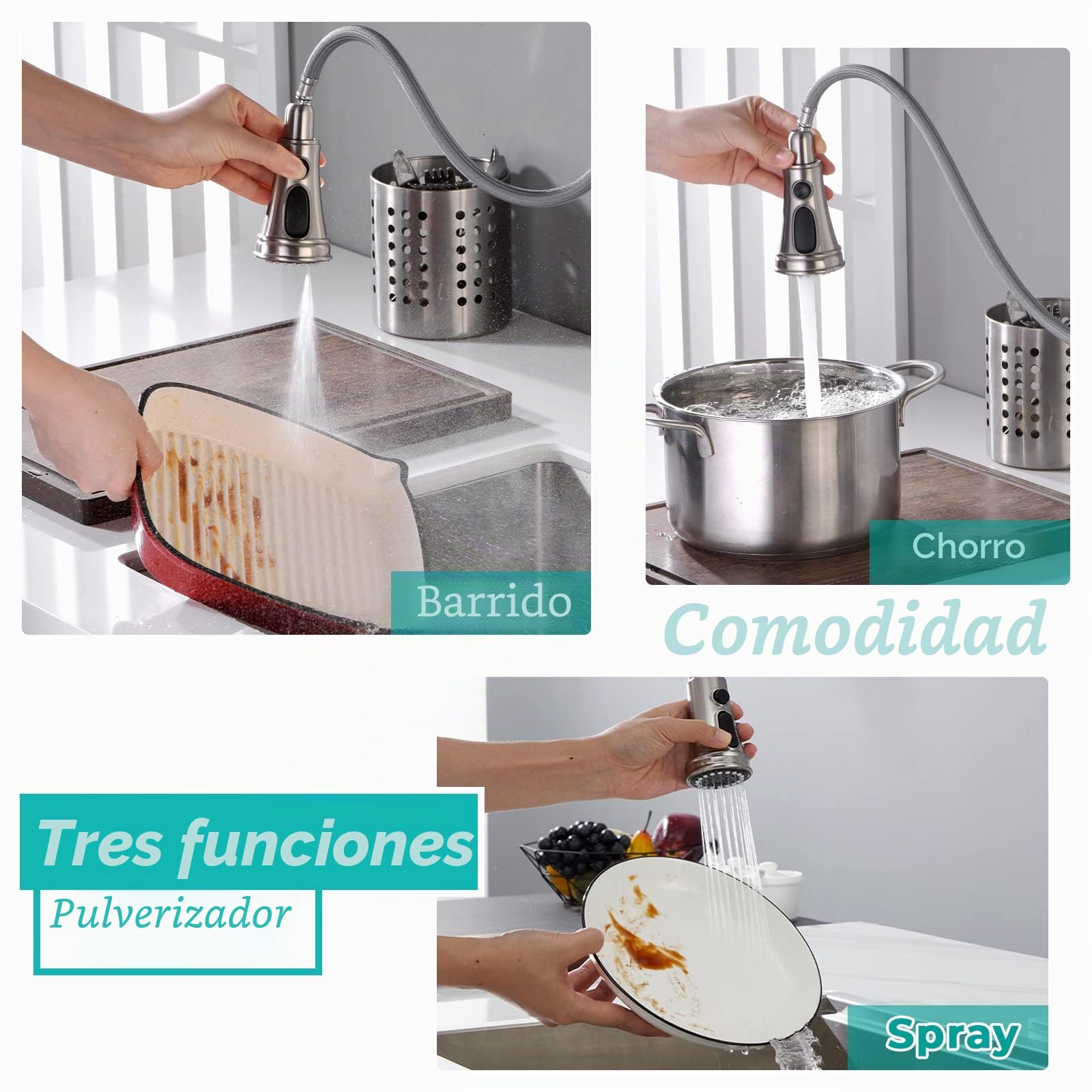Grifo de Cocina Con Sensor Táctil y Ducha, Alta Presión, Extensible Inteligente, Mezclador para Fregadero, Giratorio 360°, Tres Funciones