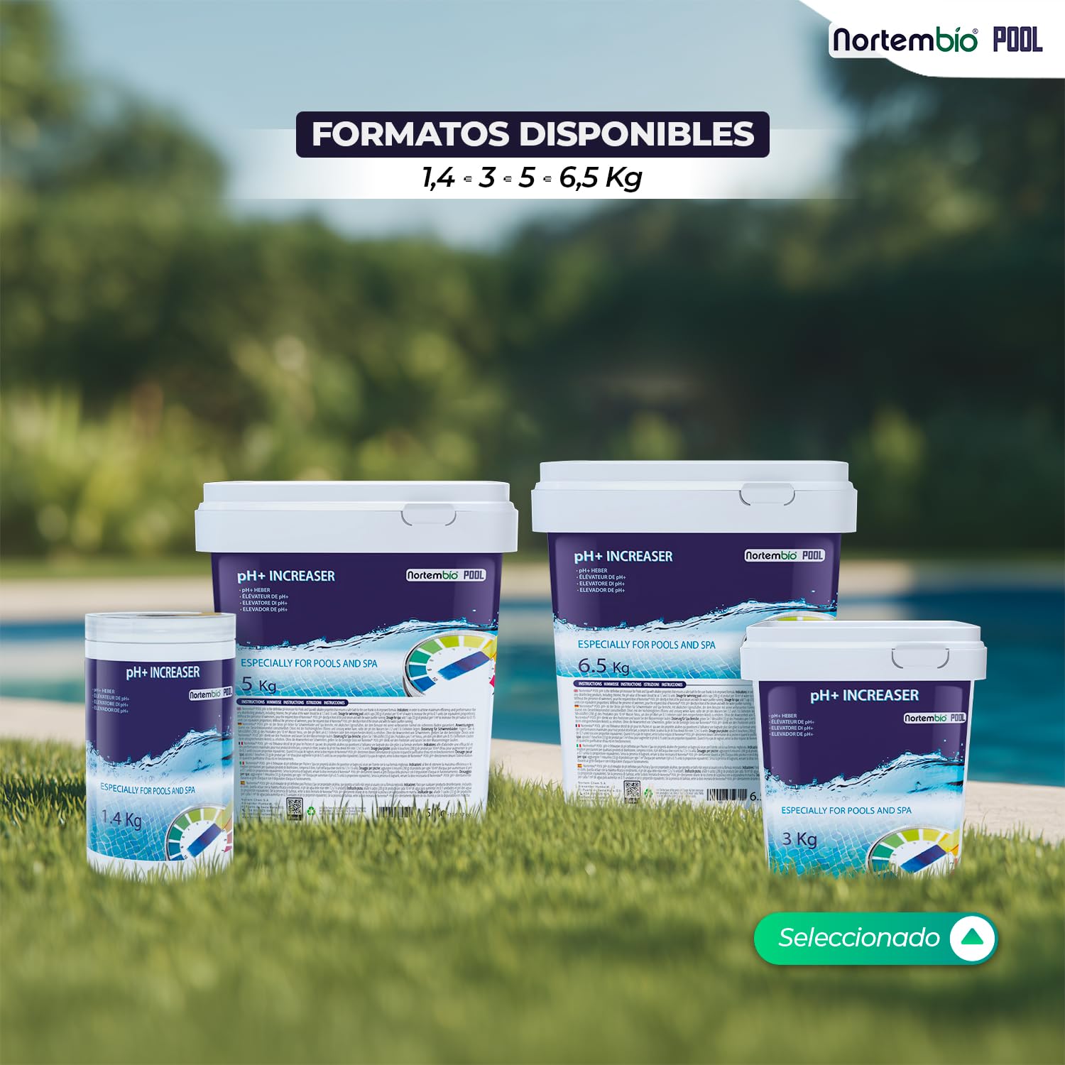 Nortembio Elevador de pH+ para Piscina y SPA 3 kg Incrementador de pH Acción Rápida Regulador pH Agua Piscinas Incluye eBook Usos y Consejos