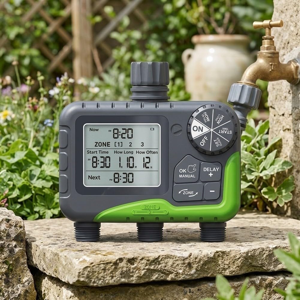 Controlador de riego impermeable IP65, pantalla LCD de 3 zonas