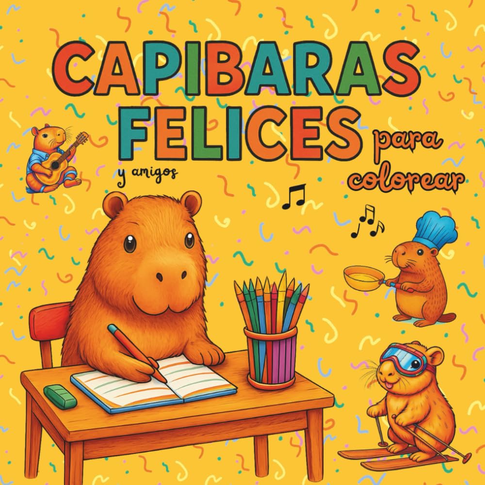 Capibaras Felices para Colorear: 100 dibujos adorables para disfrutar, relajarte y sumergirte en un mundo lleno de ternura y aventuras. De 3 a 11 años.