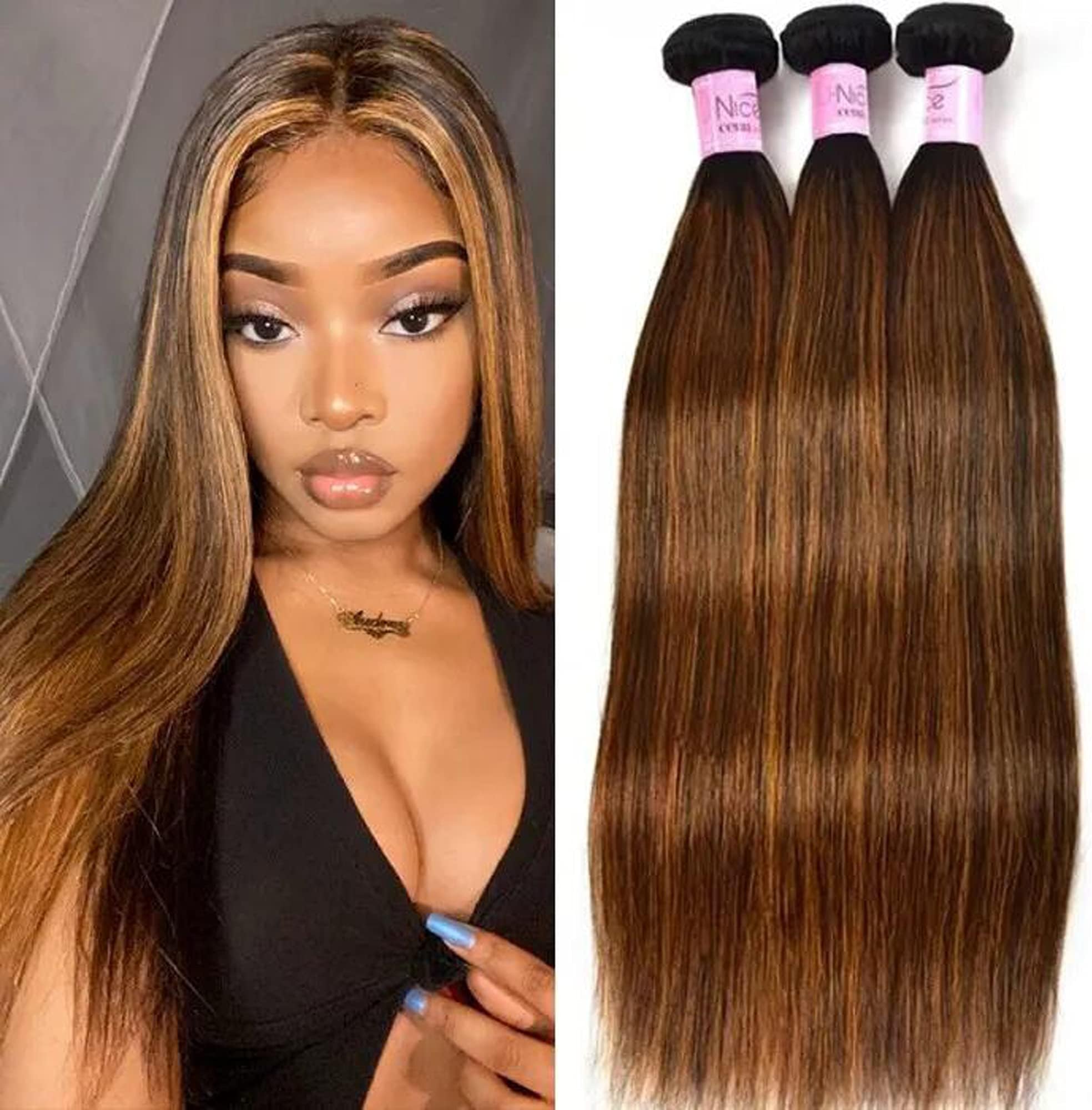 UNice Brown Blonde Straight Human Hair Weave 3 Bundles, Brazilian 100% Virgin Unprocessed Remy Hair Ombre Highlight Color Hair Extensions 100g/pc (10 12 14)