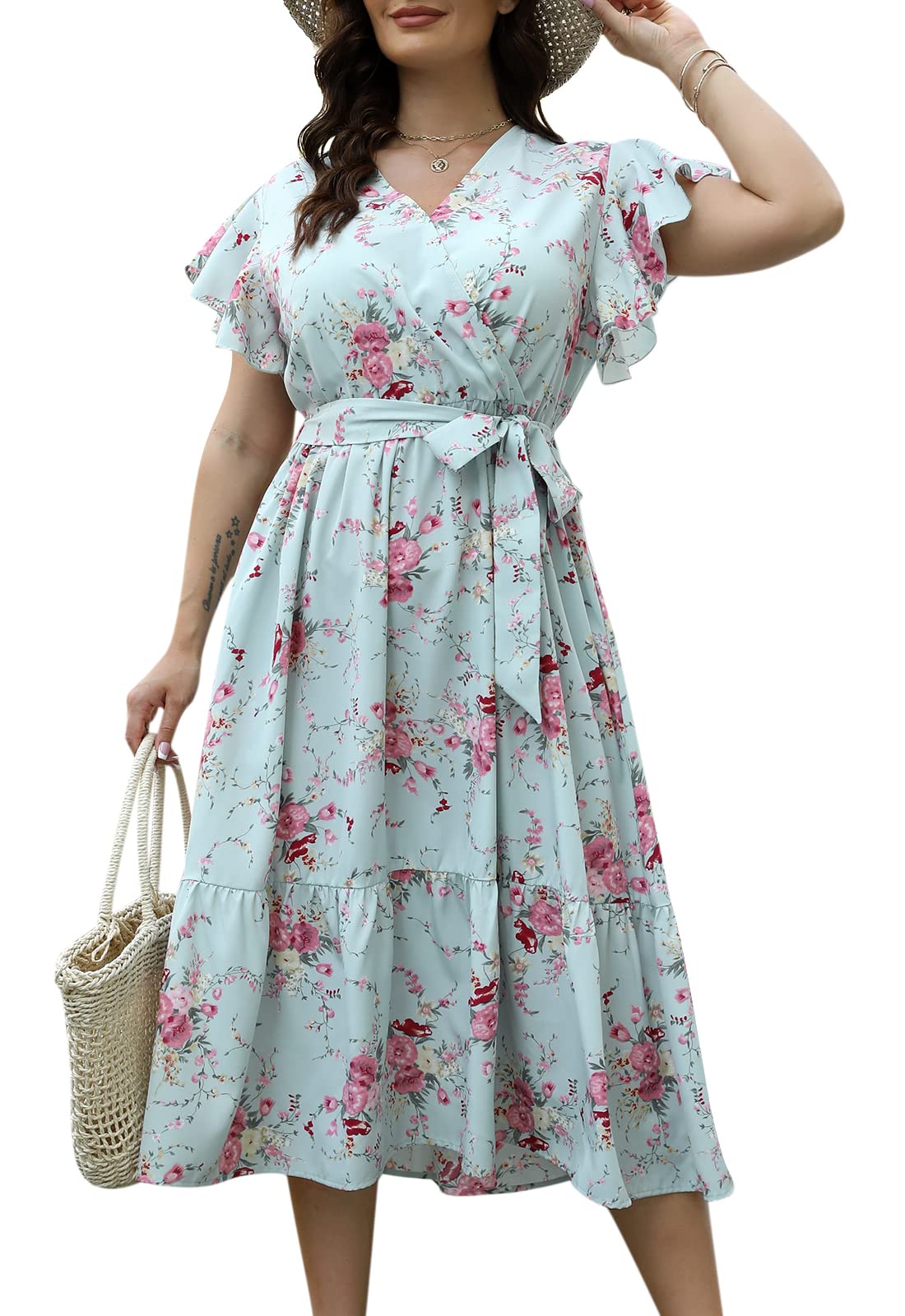 Celkuser Women's Plus Size Floral Midi Dress - Short Sleeve Wrap V-Neck Boho Dress With Pockets, A-Line - View #2