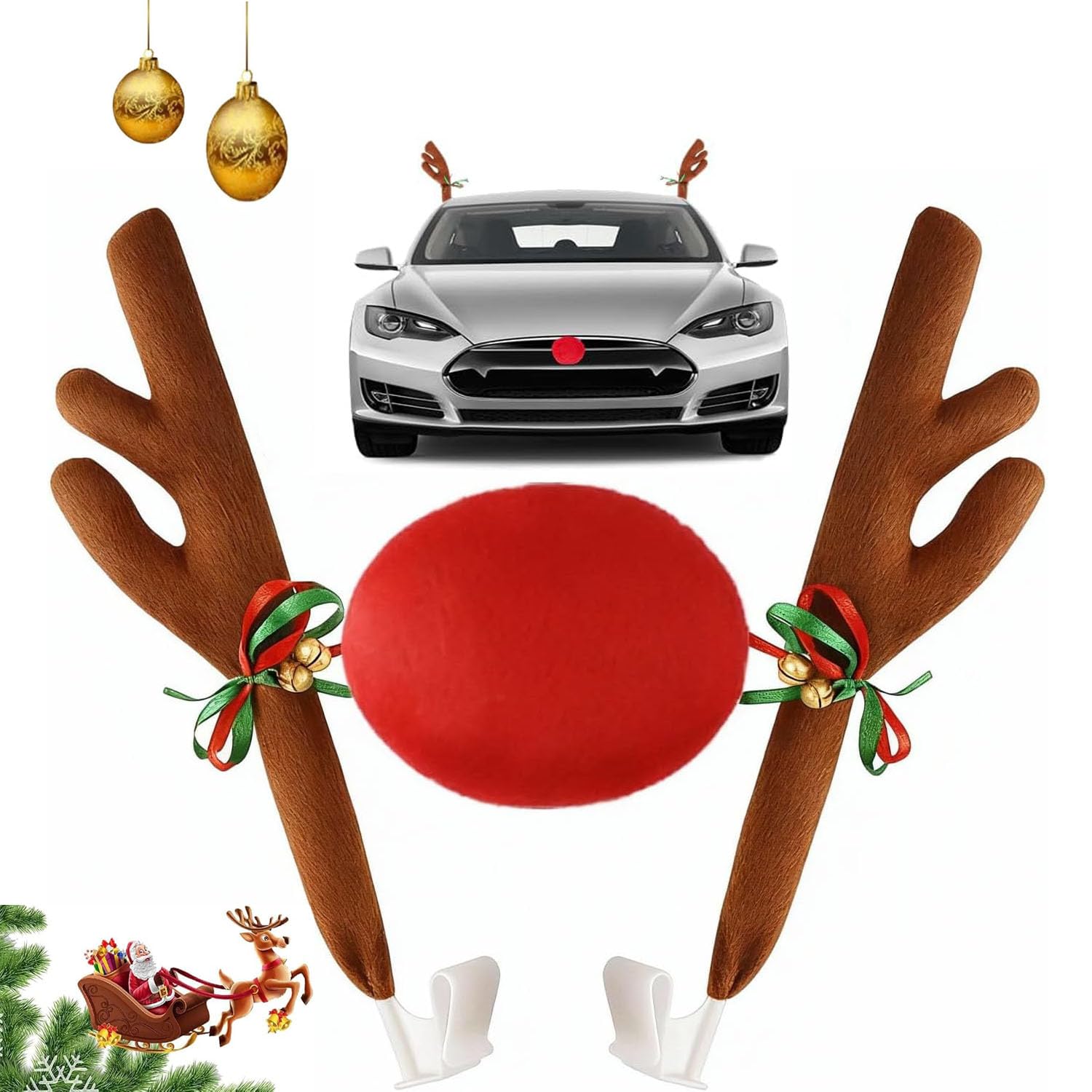 Cuerno de reno para decoración de coche de Navidad,Cuernos de Reno para Coche con Nariz Roja Coche Reno Decoración Kit de,Alce Rudolf para Camión, Van, SUV