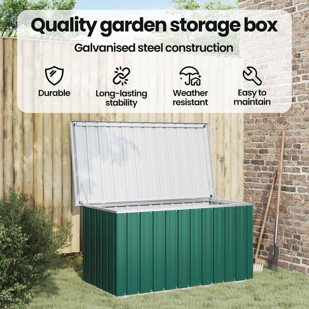Garten-Aufbewahrungsbox Grün 129 x 67 x 65 cm wetterfeste Kiste für Geräte, Kissen, Auflagen, mit Deckel, abschließbar, aus verzinktem Stahl, ideal für Terrasse, Balkon, Outdoor, Stauraum