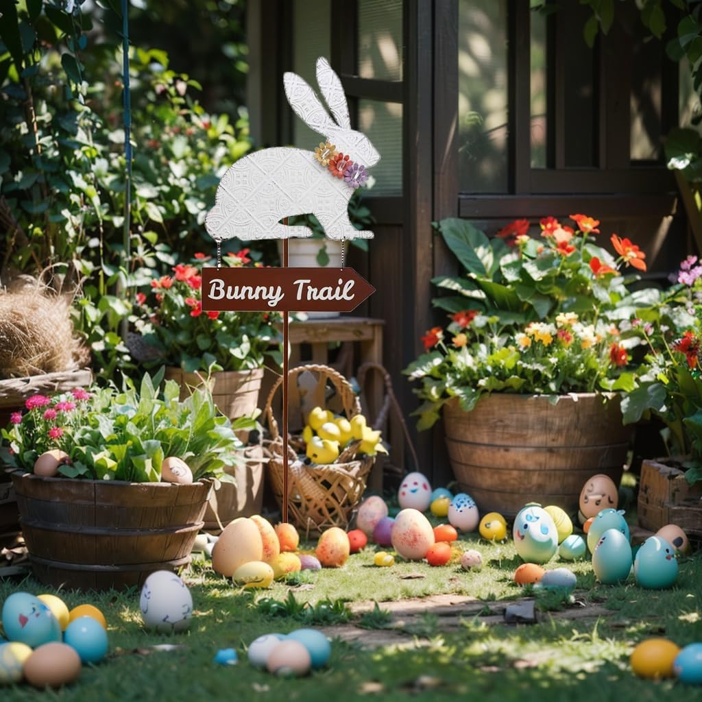 Easter Bunny Garden Stake Metal Bunny Rabbit Decorative Yard Stake with Bunny Trail Sign Spring Easter Garden Yard Stake Decor