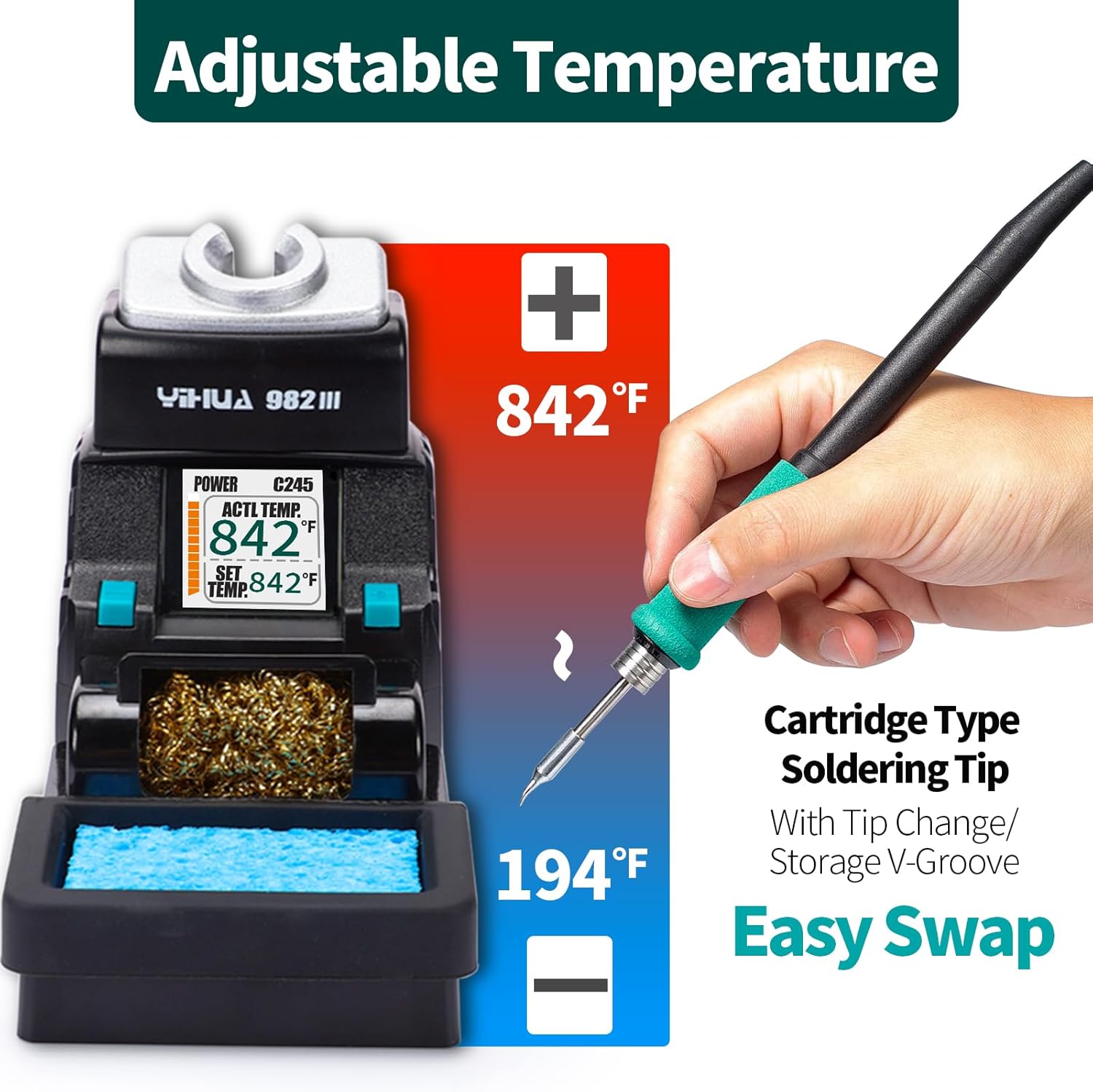 YIHUA 982-III Precision Soldering Station Kit C245-Compatible with 4 C245 Soldering Iron Tips, Lead-Free Solder Wire, Sleep Mode, Auto Standby, Tip Change Slots, Full-Color Display