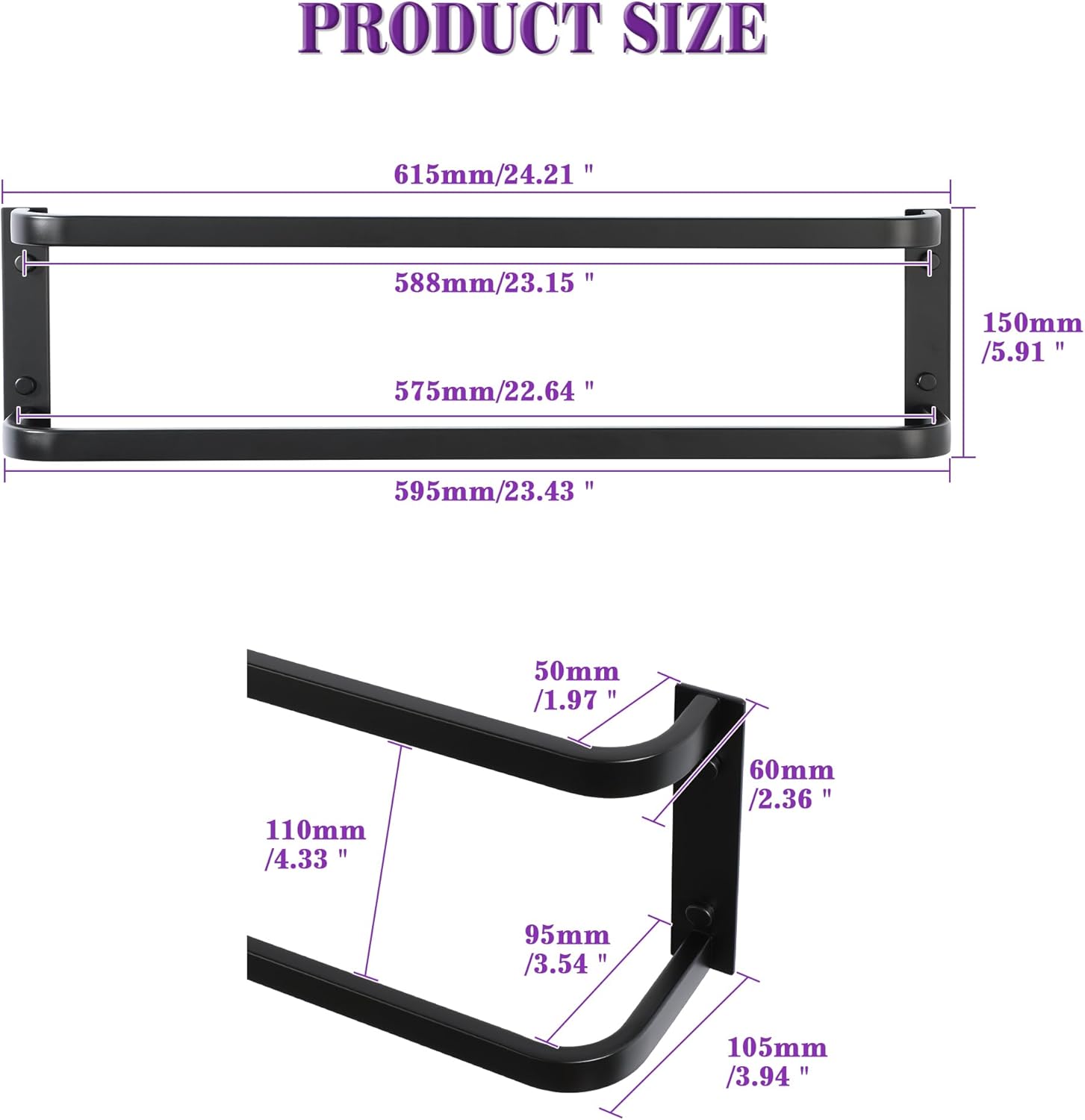 Alise Double Towel Bars for Bathroom,24'' Towel Holder Towel Racks for Bathroom Wall Mount,SUS304 Stainless Steel Double Towel Rail Towel Hanger for Bath Walls,Matte Black - Image 9