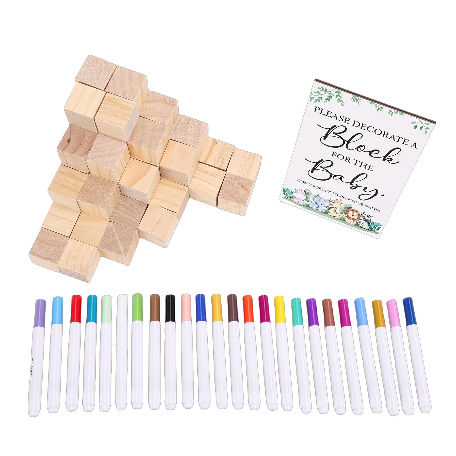 Tissting Kit Giochi per Baby Shower 75 Pezzi - Blocchi in Legno da Decorare con 24 Pennarelli Acrilici per Feste di Rivelazione del Sesso, 3.5x3.5x3.5cm (1.38x1.38x1.38in) ciascuno