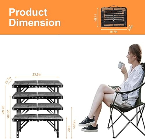Miniatura 3 de Mesa plegable pequeña de 2 pies, mesa de camping plegable, de malla portátil, de 4 alturas, ajustable, para playa, barbacoa, negro, 23.6 x 15.7