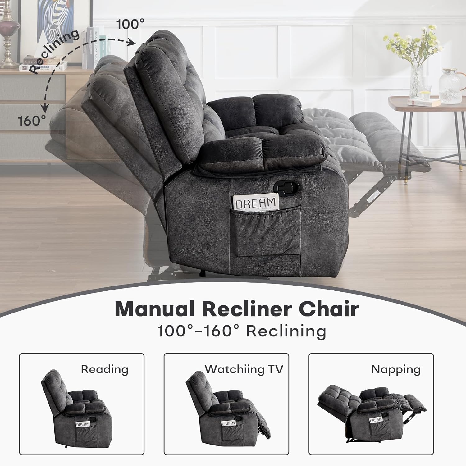 ANJ Manual Recliner Loveseat Sofa, Modern Reclining Sofa with Overstuffed Arms for Living Room, Bedroom,Grey