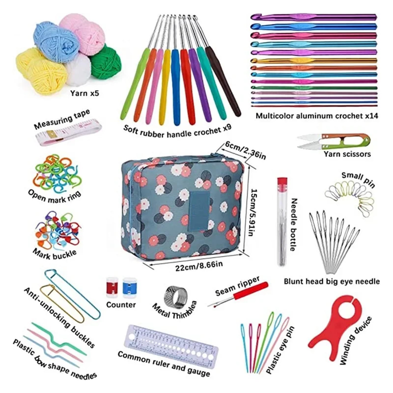 OPIGJUFD Kits de Ganchillo Juego de bolsa crochet portátil, herramienta for tejer lana, regla costura, agujas, hilo, kit completo material para Proyectos de Manualidades(107 pcs set)