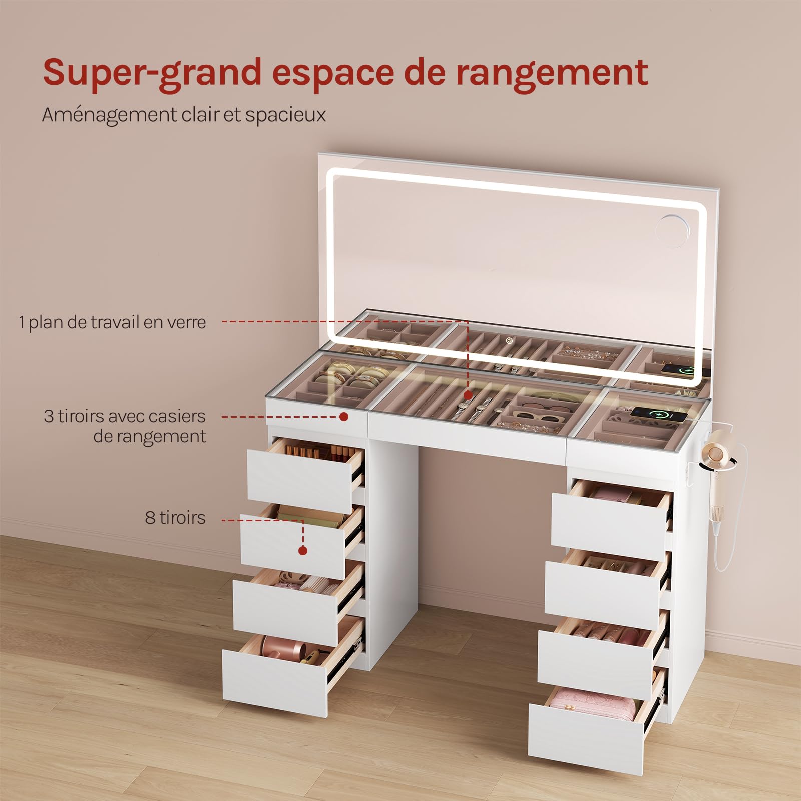 WOLTU Coiffeuse avec Grand Miroir LED, Plateau en Verre, Table de Maquillage avec 11 Tiroirs, Station de Charge, Compartiments à Bijoux & Support Sèche-Cheveux, Meuble Moderne pour Chambre, Blanc