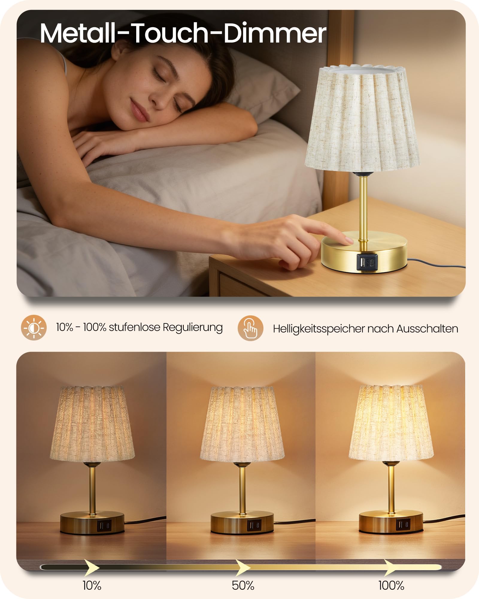 Lampada da comodino tattile dimmerabile, confezione da 2, con USB e lampadina LED dimmerabile, paralume ondulato, attacco E27, per comodino, ufficio, camera da letto, oro e beige