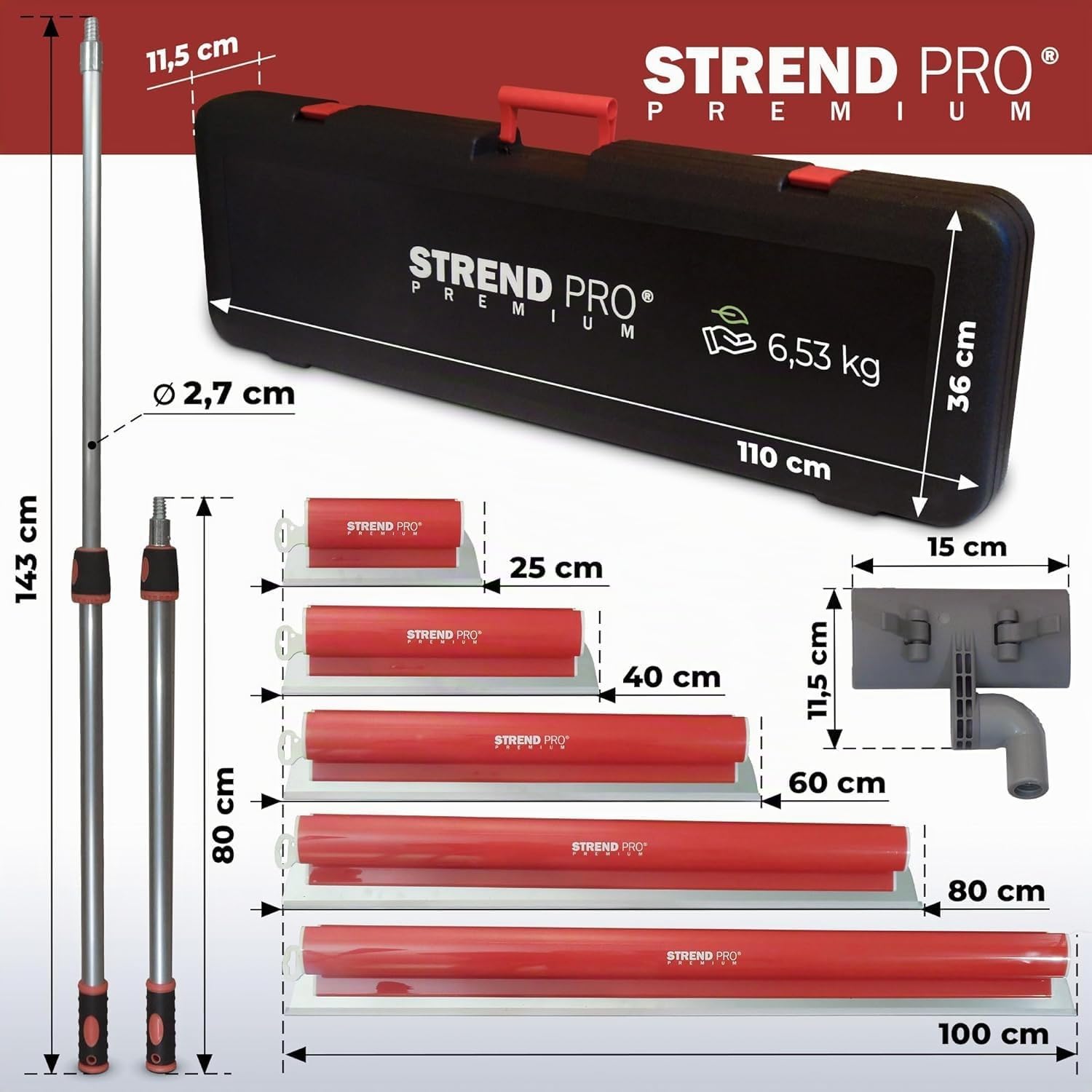 STREND PRO Set di Spatole per Stucco PREMIUM V2 | incl. 1000 mm, 800 mm, 600 mm, 400 mm, 250 mm, Manico Telescopico, Custodia | PROFI Set con Impugnatura a Z per per Muro a Secco e Stucchi