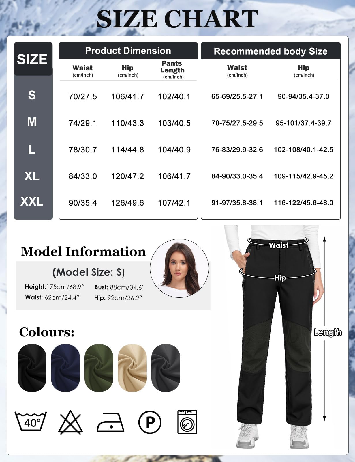 Damen Wanderhose Wasserdicht Skihose Softshellhose Thermohose Fleece Gefüttert Winter Hosen Schneehose Winddicht Warm Arbeitshose Trekkinghose Langlaufhose Knie-Reibungsschutz