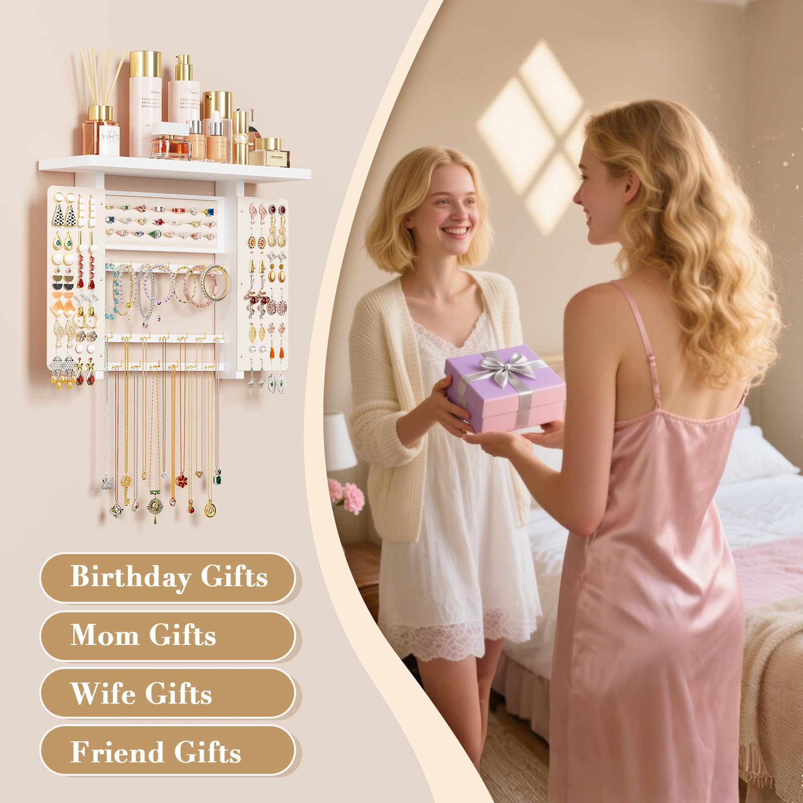 Hängender Schmuck Organizer, Wand Schmuck Organizer mit Holz Regal, Große Kapazität Schmuckständer Aufbewahrung & Display für Halsketten Armband Ohrringe Ring (Weiß)