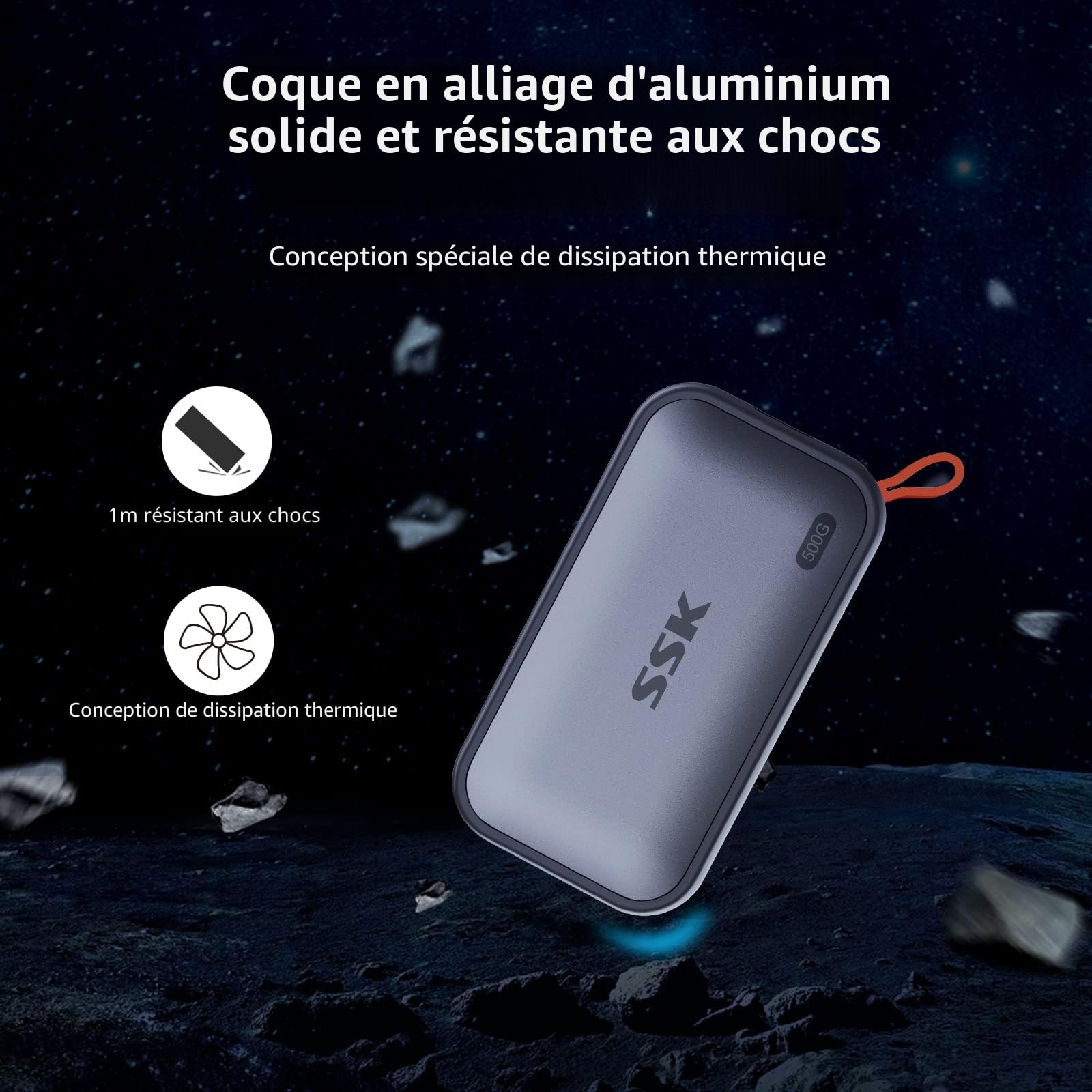 SSK 500 Go SSD Externe USB-C 3.2 Gen2 1050Mo/s Lecture Portable pour iPhone 15/16/Pro, PS5, Xbox, MacBook