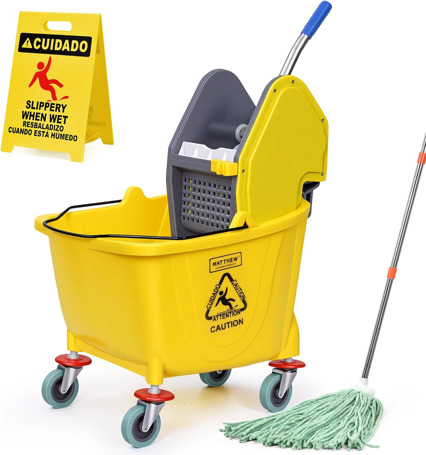 MATTHEW CLEANING 34Quarts Commercial Mop Bucket INCL.Wet String Mop with Down Press Wringer On Wheels,Industrial Heavy-Duty Floor Cleaning w/Handle, Mop Bucket for Home,Offices,Commercial, Restaurants
